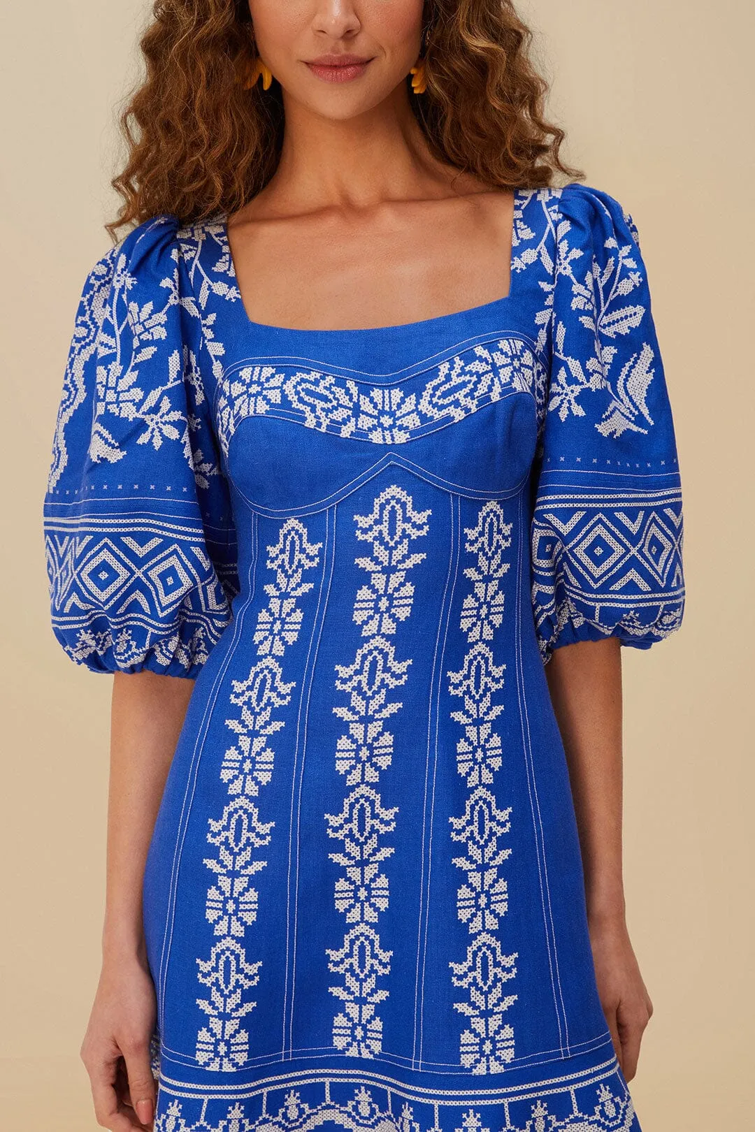 Blue Tropical Cross Stitch Euroflax™ Premium Linen Mini Dress sold by FARM Rio product image thumbnail 2