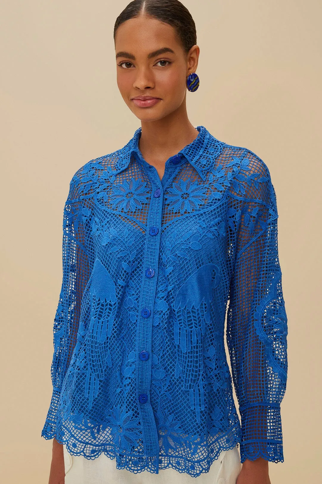 Blue Landscape Guipure Collared Shirt sold by FARM Rio