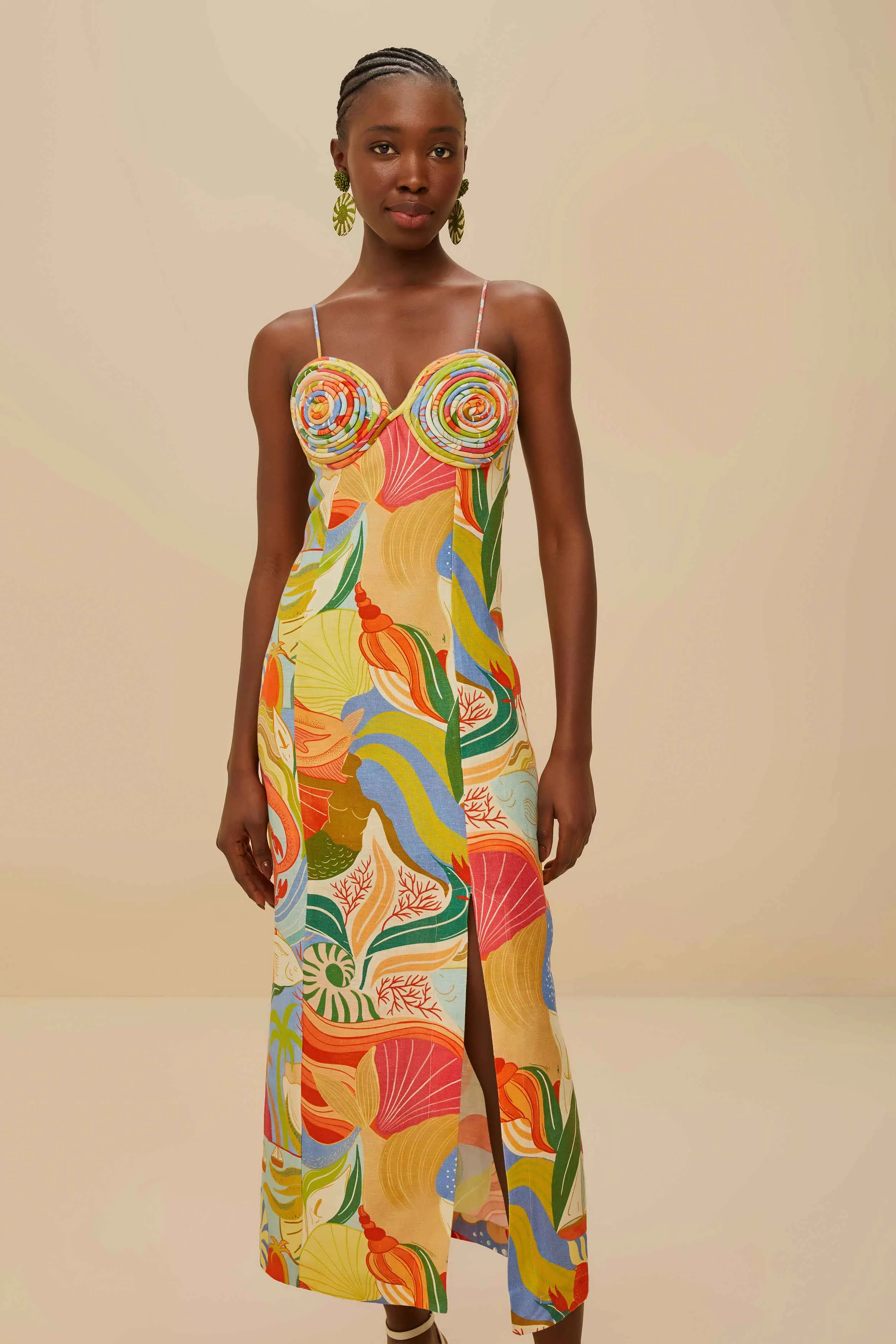 Multicolor Ocean View Twisted Cups Euroflax™ Premium Linen Midi Dress sold by FARM Rio product image thumbnail 3