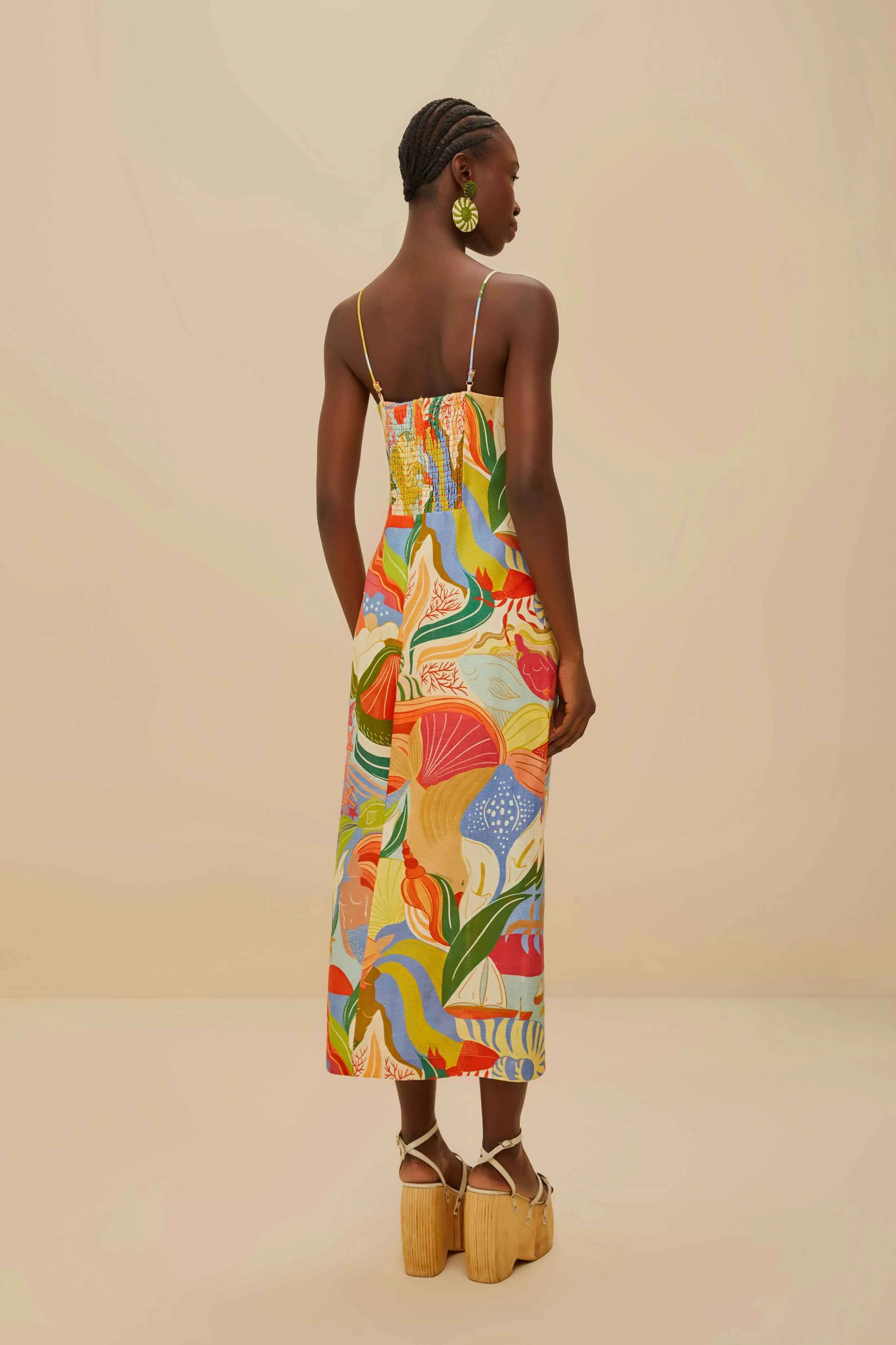 Multicolor Ocean View Twisted Cups Euroflax™ Premium Linen Midi Dress sold by FARM Rio product image thumbnail 4