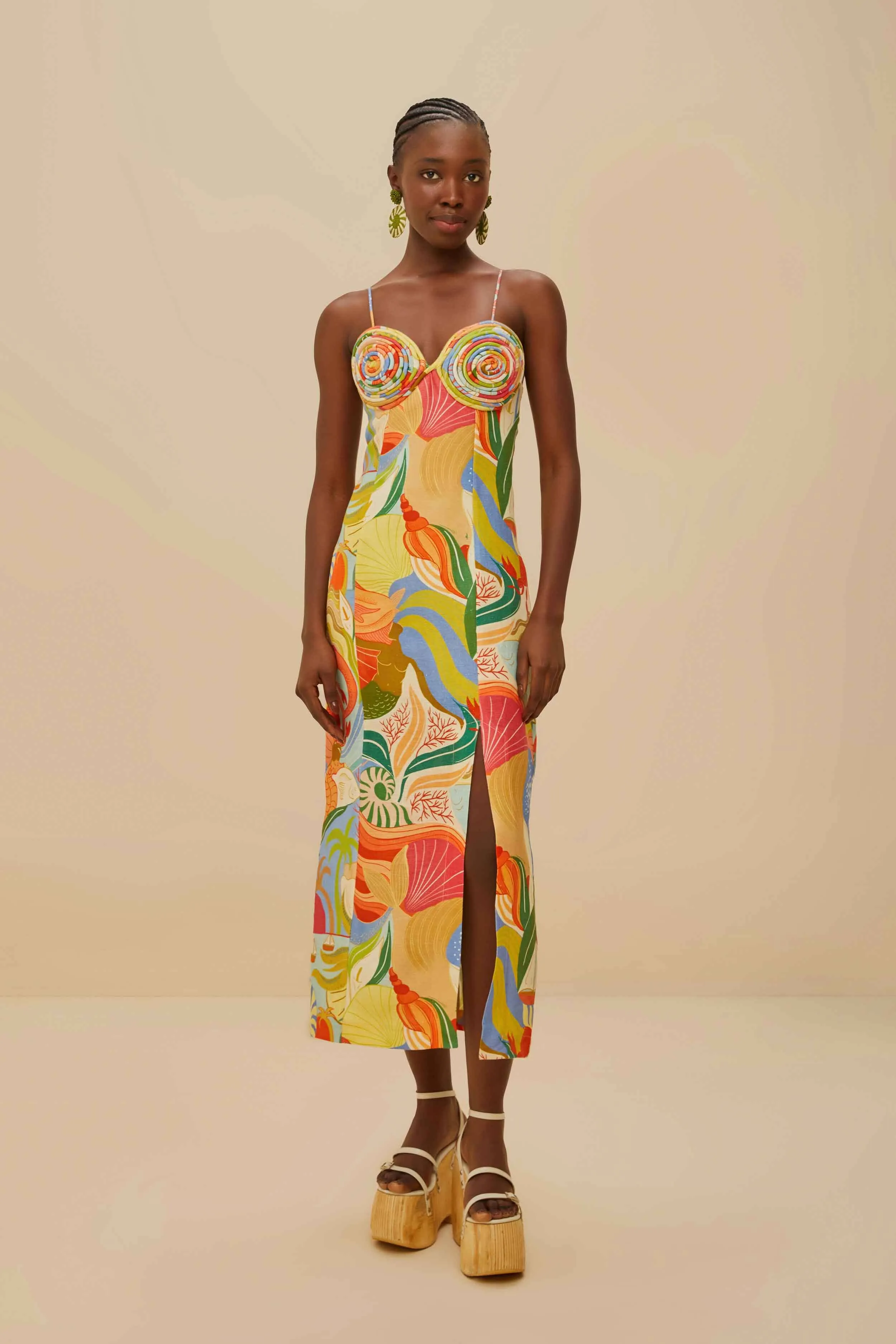 Multicolor Ocean View Twisted Cups Euroflax™ Premium Linen Midi Dress sold by FARM Rio