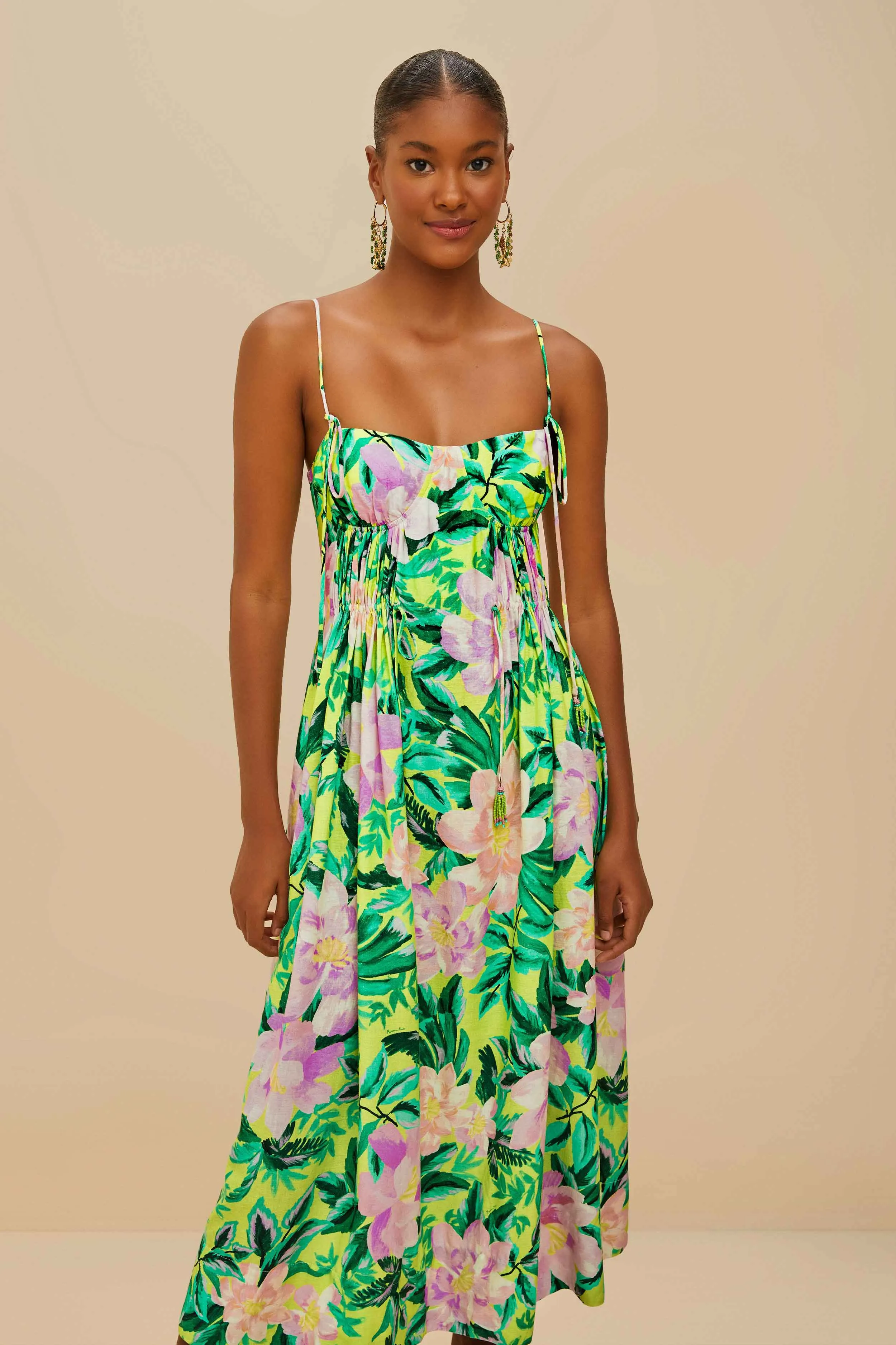 Green Painted Flowers LENZING™ ECOVERO™ Euroflax™ Midi Dress sold by FARM Rio product image thumbnail 2