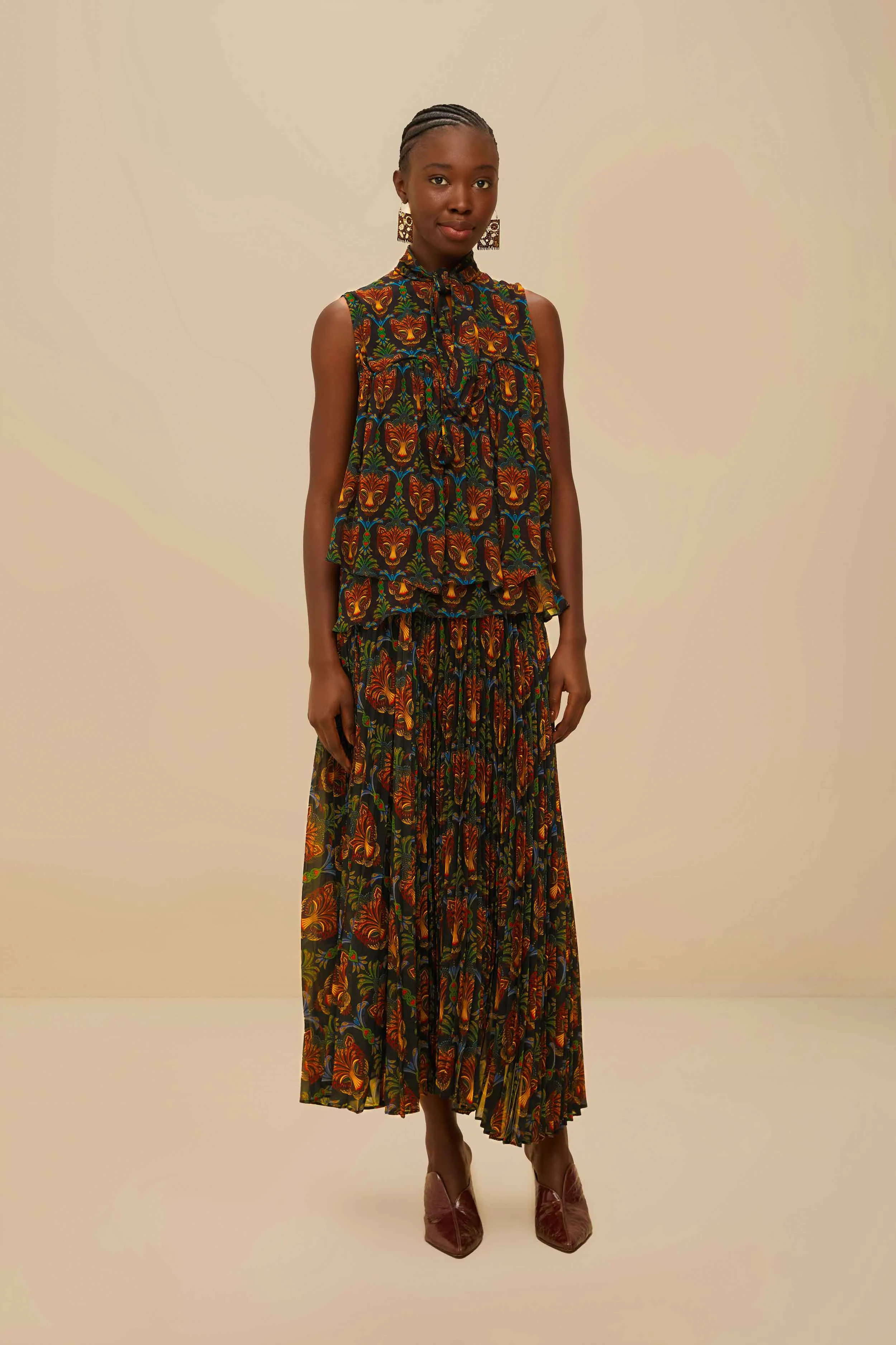 Black Boho Panther Pleated Maxi Skirt sold by FARM Rio