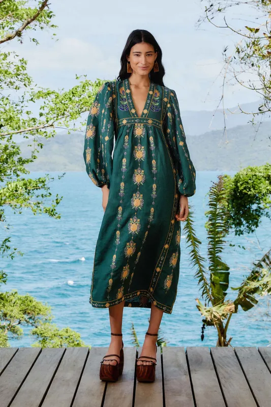 Green Pineapple Embroidered Euroflax™ Premium Linen Tunic Maxi Dress sold by FARM Rio