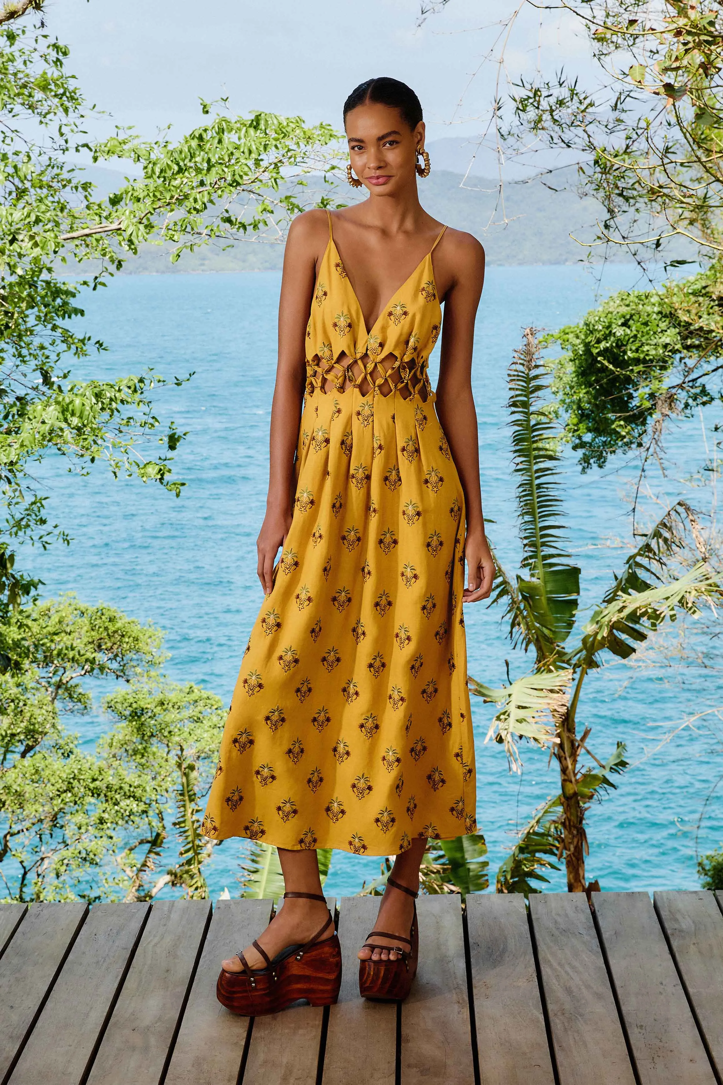 Coconut Tree Tapestry Macrame Yoke Maxi Dress sold by FARM Rio