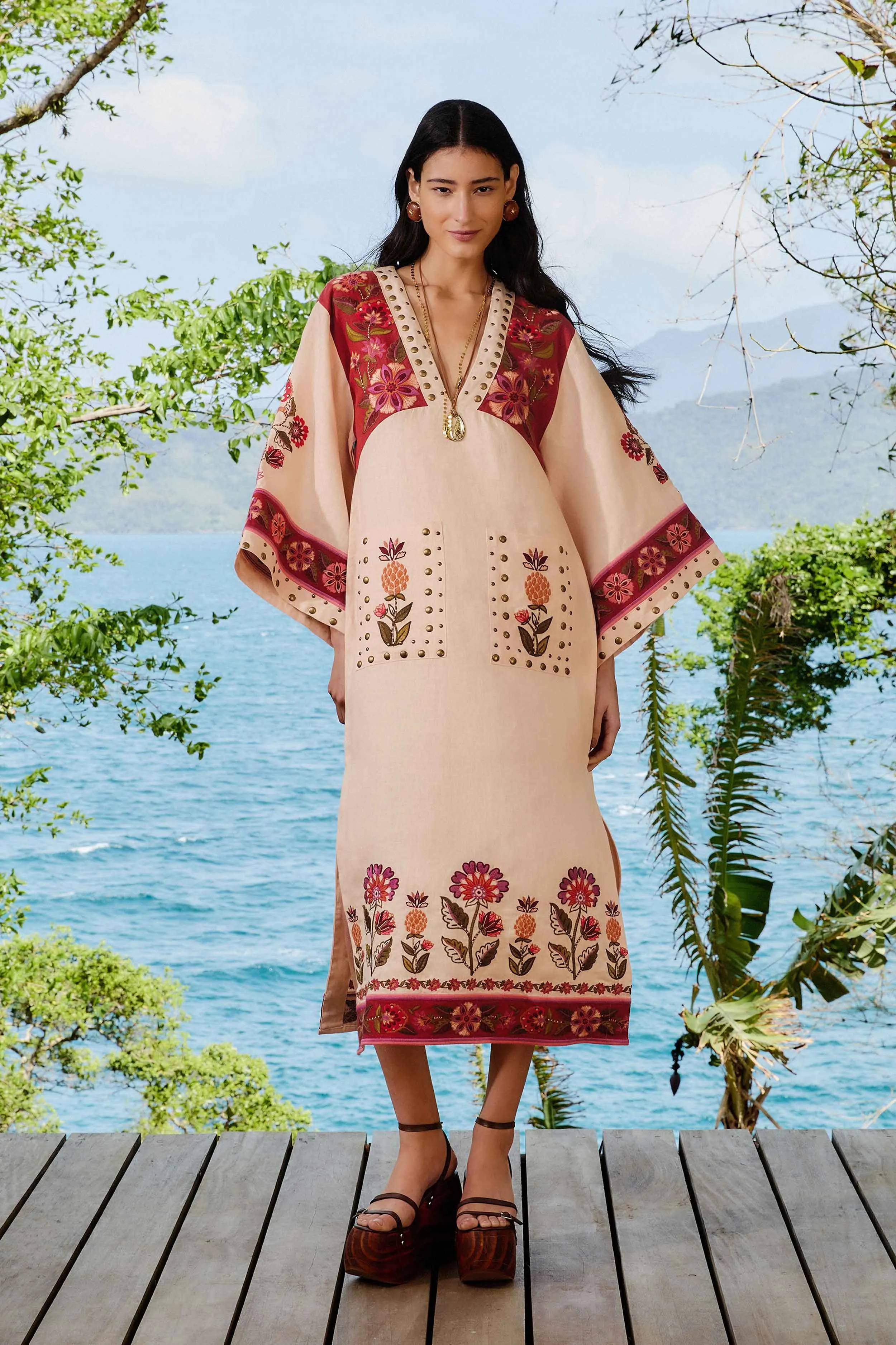 Nature Embroidered Cream V Neckline Tunic Maxi Dre sold by FARM Rio