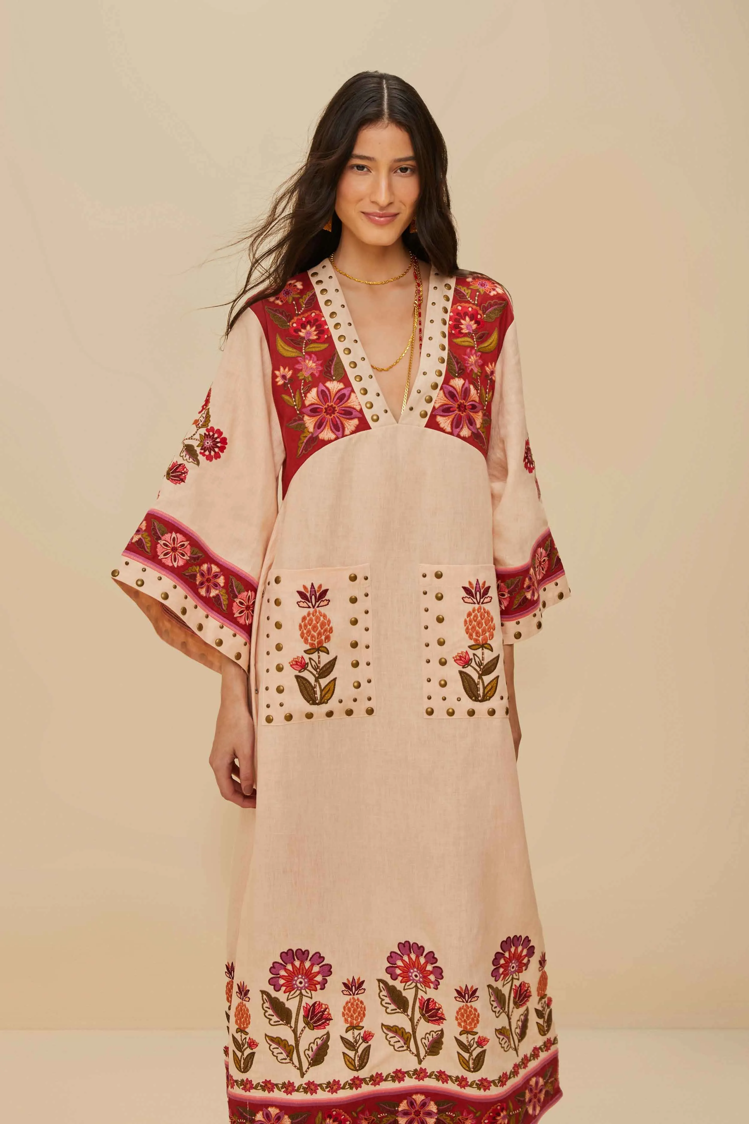 Nature Embroidered Cream V Neckline Tunic Maxi Dre sold by FARM Rio product image thumbnail 2
