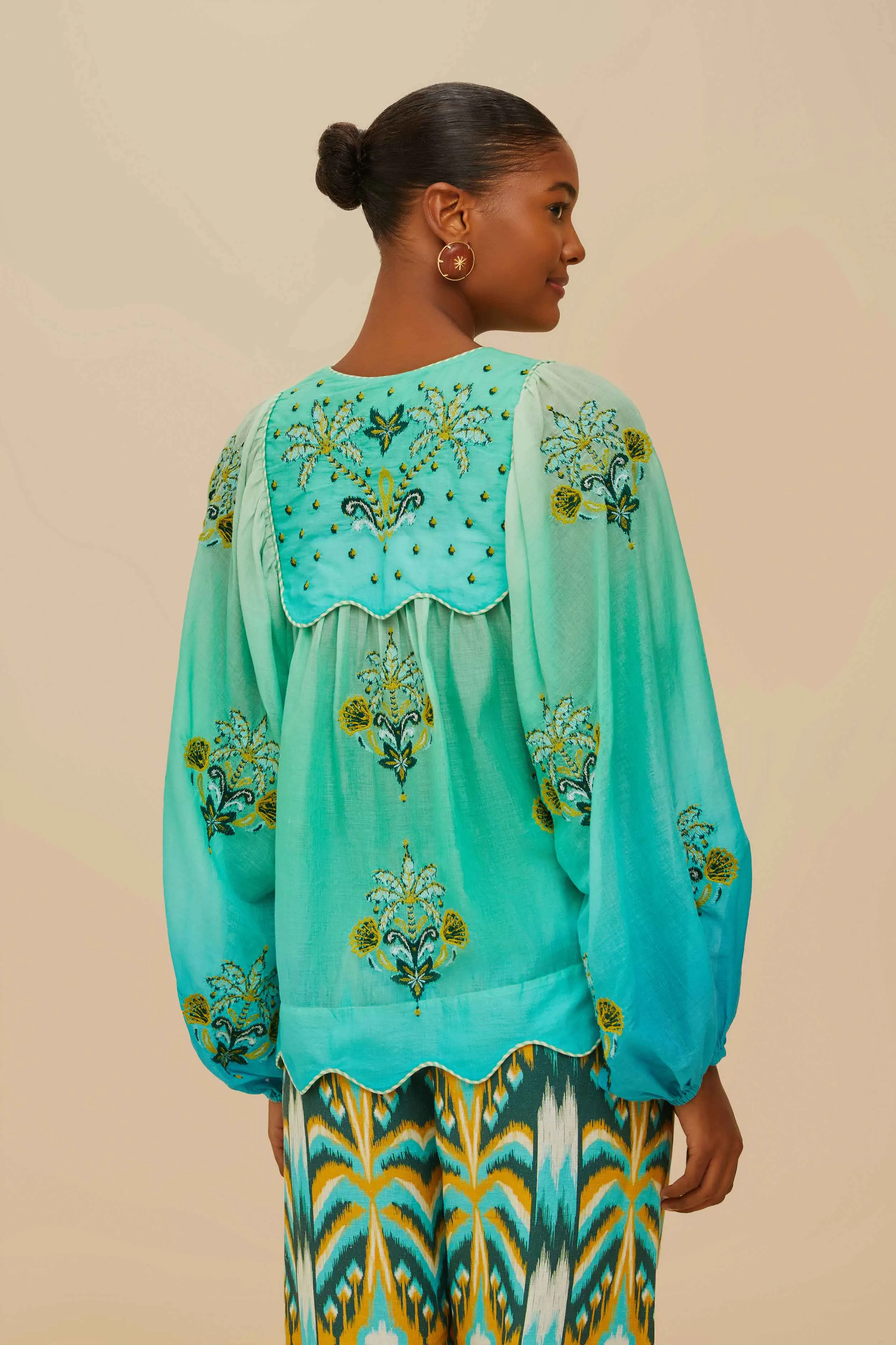 Turquoise Palm Tree Tapestry Blue Wavy Yoke Blouse sold by FARM Rio product image thumbnail 4