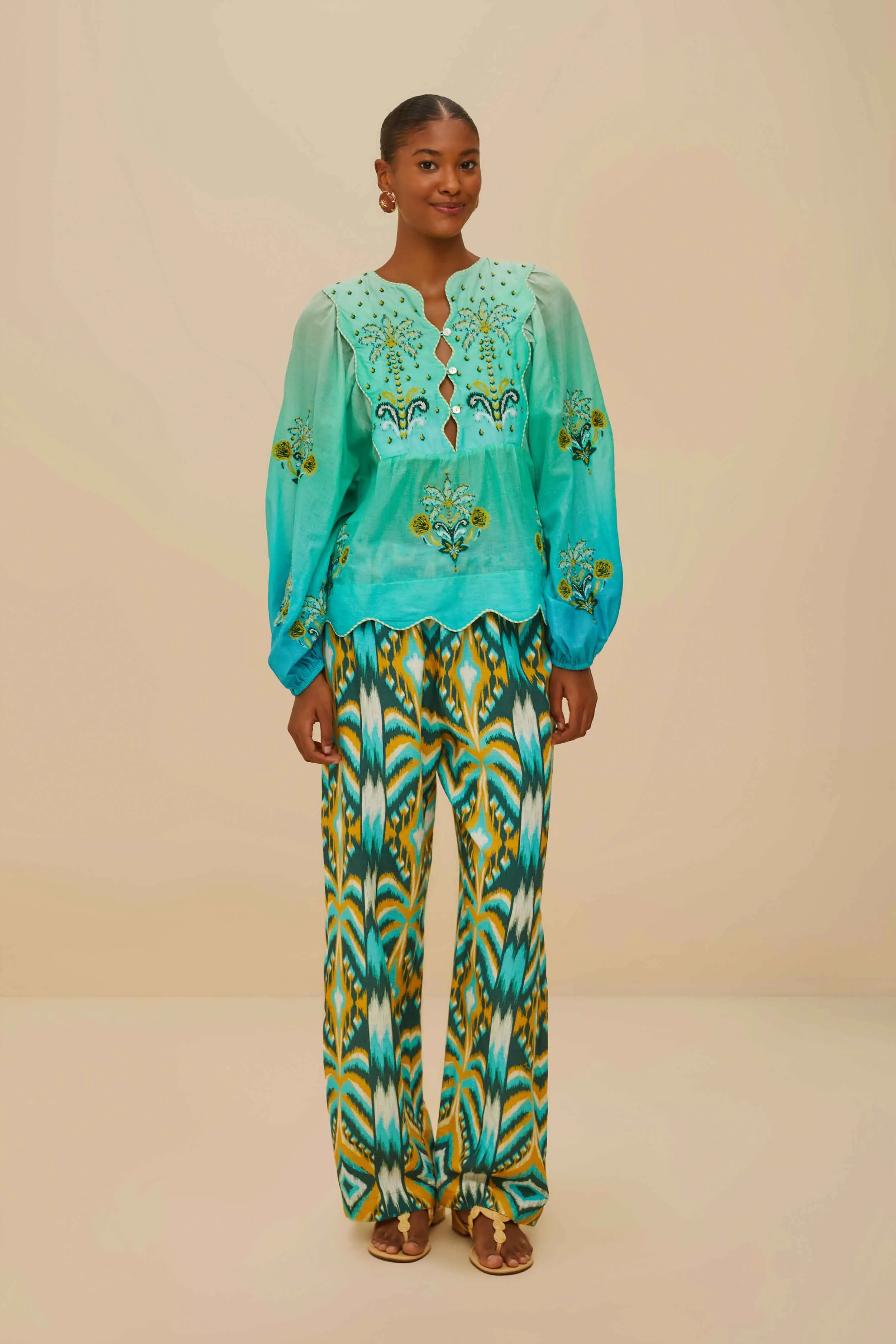 Turquoise Palm Tree Tapestry Blue Wavy Yoke Blouse sold by FARM Rio product image thumbnail 2