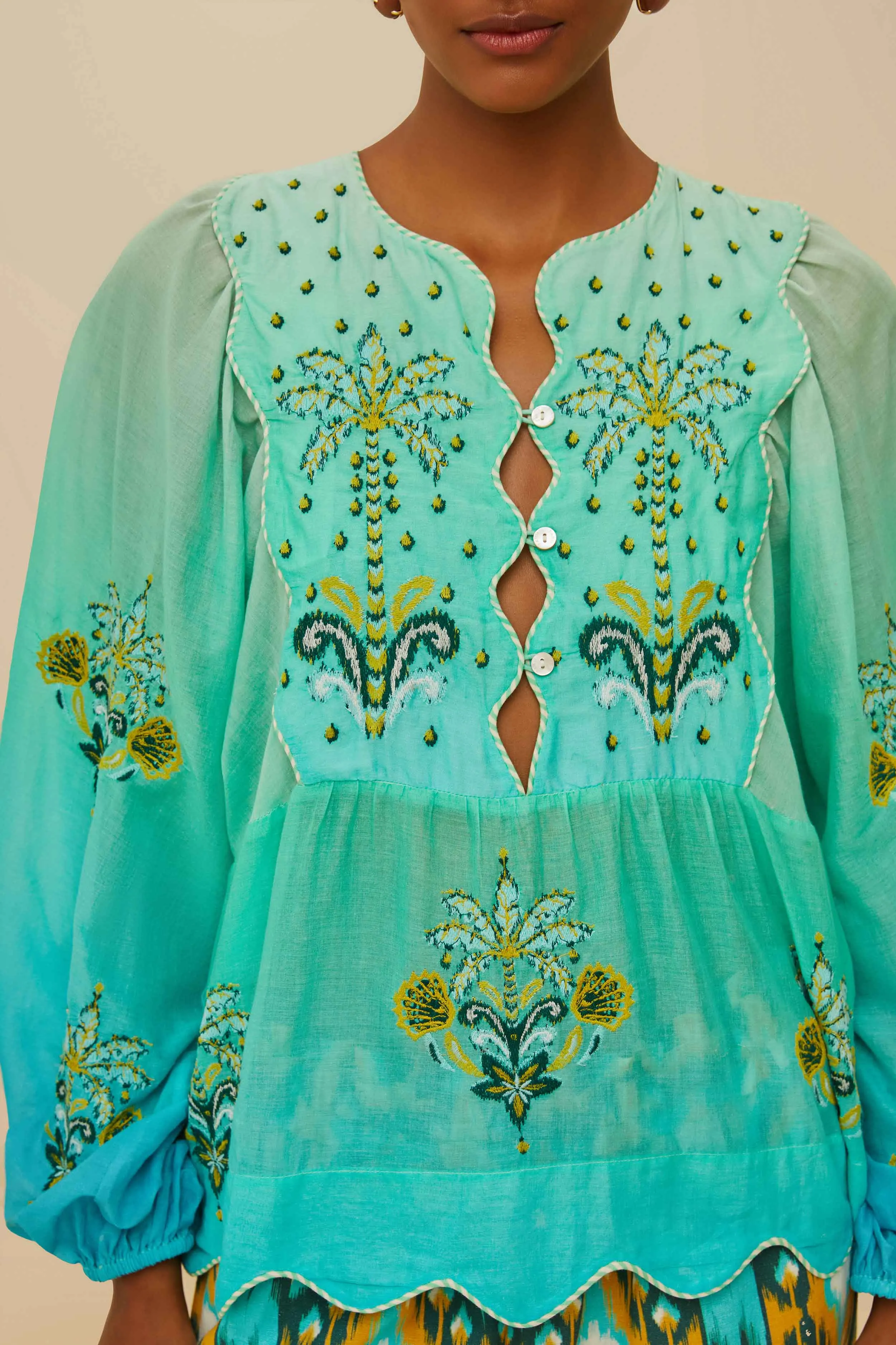 Turquoise Palm Tree Tapestry Blue Wavy Yoke Blouse sold by FARM Rio product image thumbnail 3