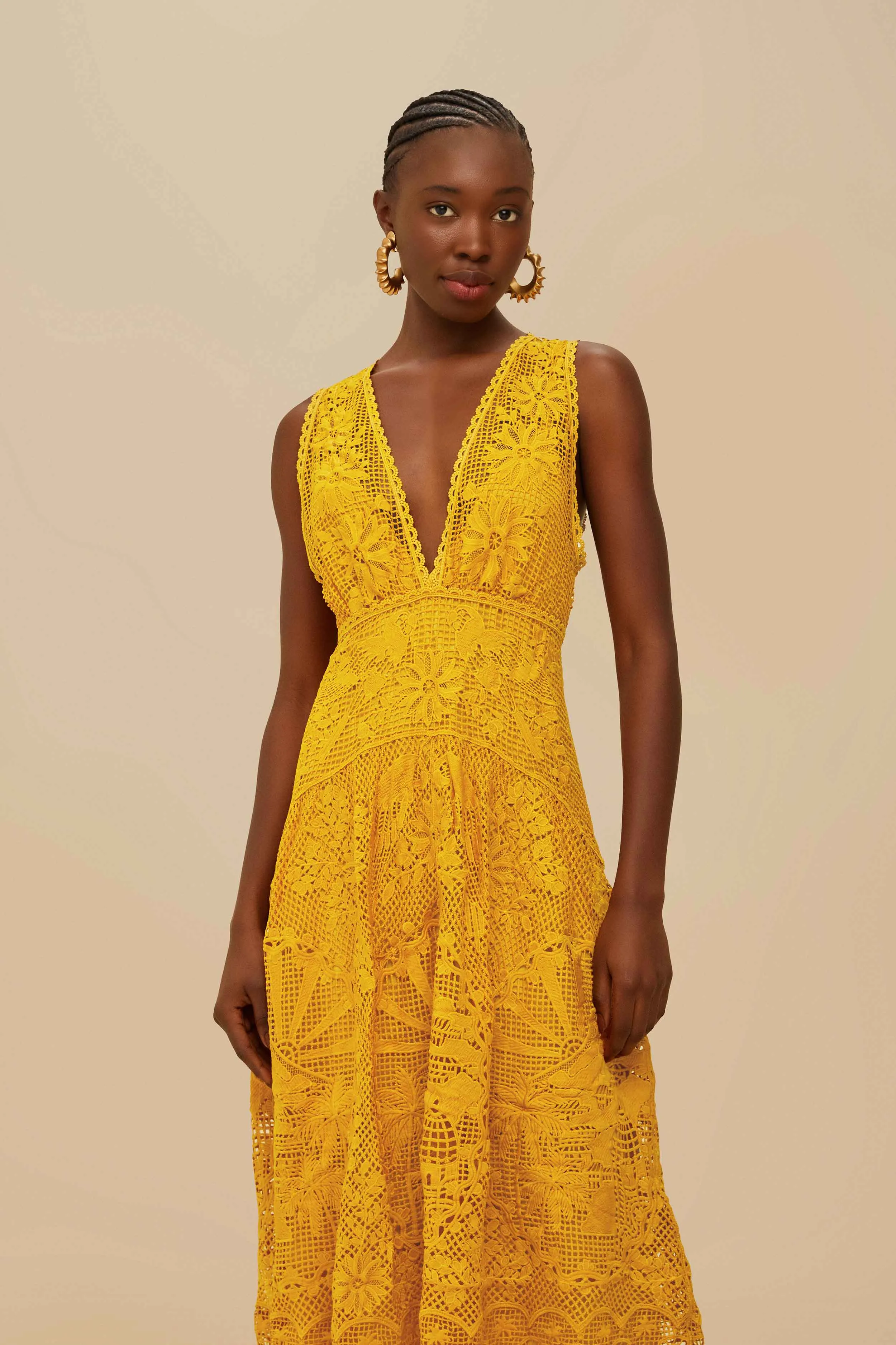 Landscape Guipure Mustard Yellow Midi Dress sold by FARM Rio product image thumbnail 3