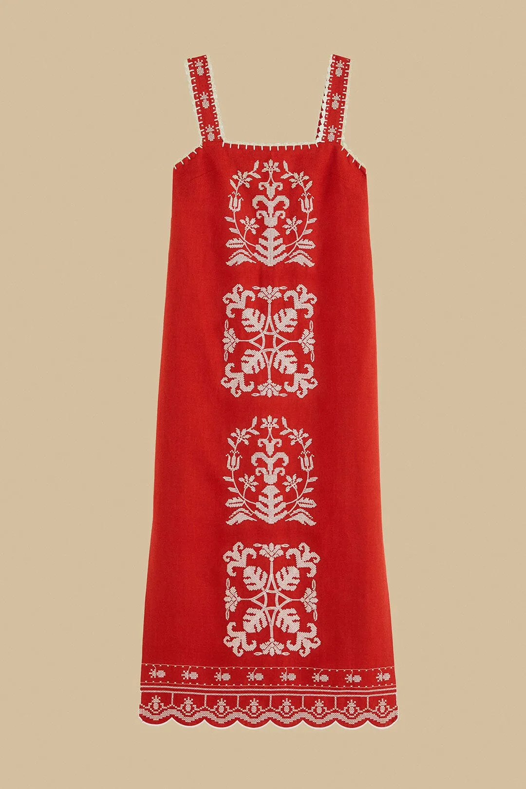 Red Tropical Cross Stitch Embroidered Euroflax™ Premium Linen Midi Dress sold by FARM Rio product image thumbnail 5