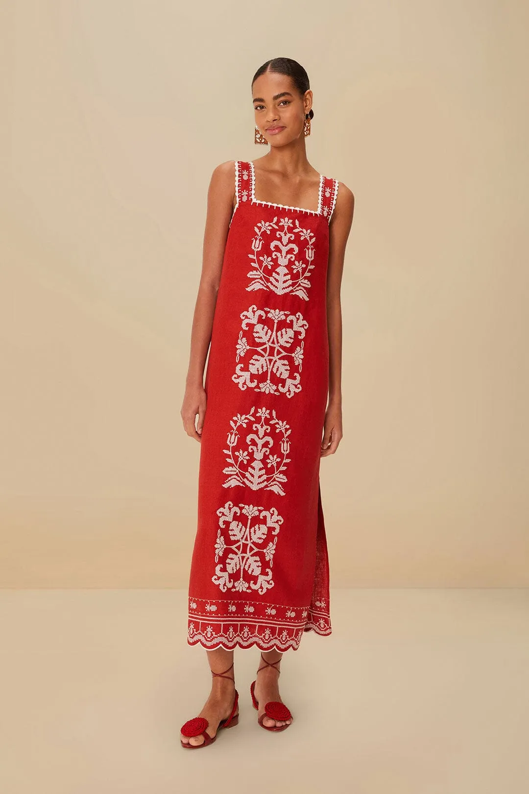 Red Tropical Cross Stitch Embroidered Euroflax™ Premium Linen Midi Dress sold by FARM Rio product image thumbnail 2