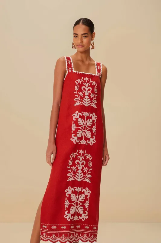 Red Tropical Cross Stitch Embroidered Euroflax™ Premium Linen Midi Dress sold by FARM Rio