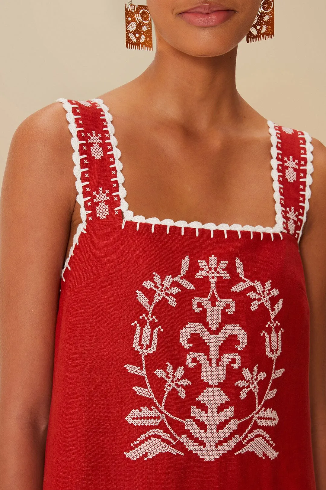 Red Tropical Cross Stitch Embroidered Euroflax™ Premium Linen Midi Dress sold by FARM Rio product image thumbnail 3