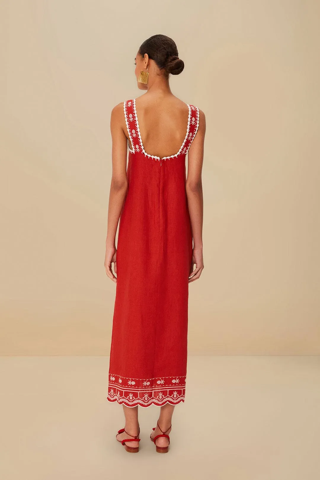 Red Tropical Cross Stitch Embroidered Euroflax™ Premium Linen Midi Dress sold by FARM Rio product image thumbnail 4