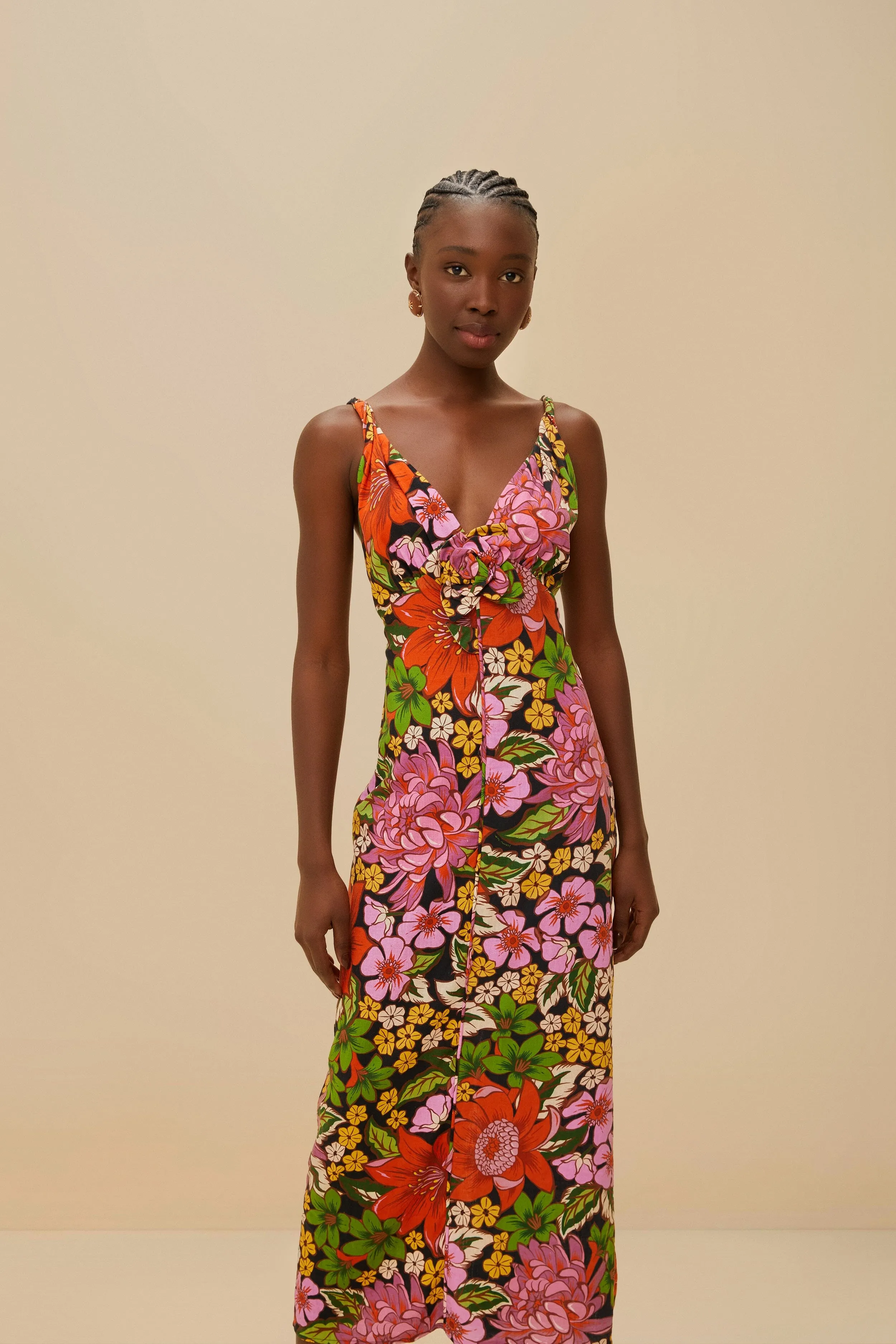 Black Floral Vivi Rose LENZING™ ECOVERO™ Euroflax™ Midi Dress sold by FARM Rio