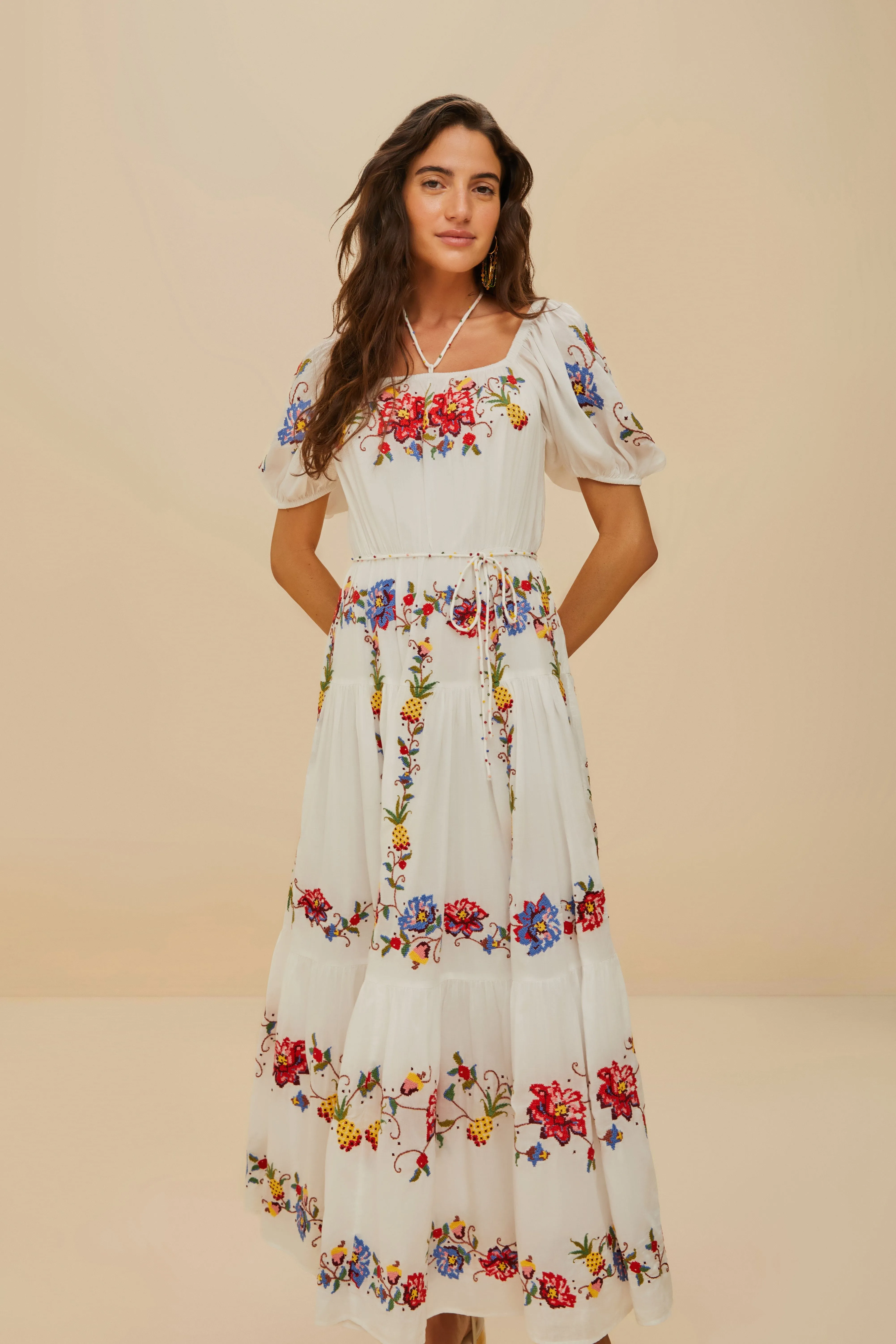 Off-White Tropical Porcelain Embroidered Maxi Dress sold by FARM Rio product image thumbnail 3