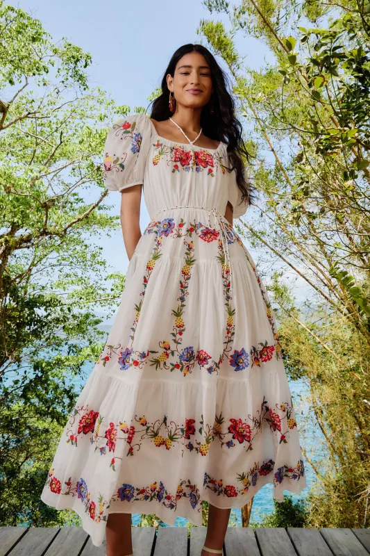 Off-White Tropical Porcelain Embroidered Maxi Dress sold by FARM Rio