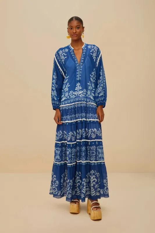 Blue Tropical Cross Stitch Tiered Maxi Dress sold by FARM Rio