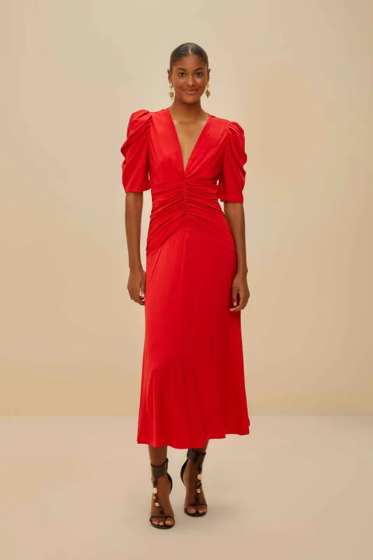 Red Gathered Midi Dress sold by FARM Rio
