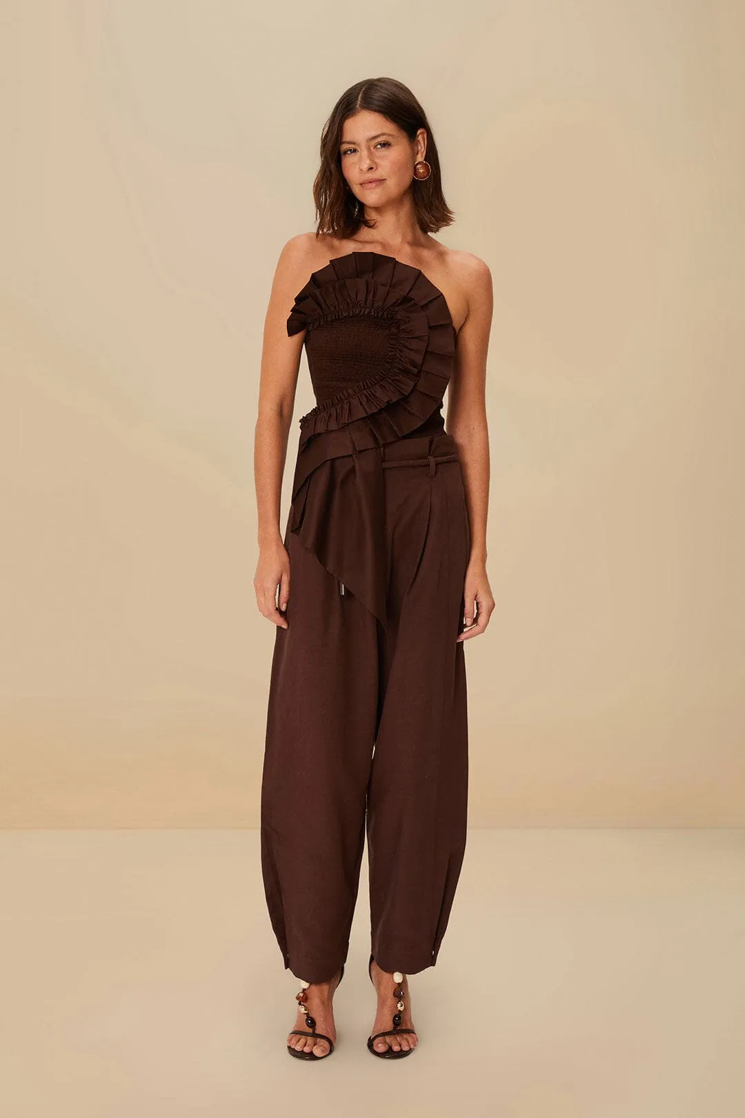 Coffee Topstitched Clochard Pants sold by FARM Rio