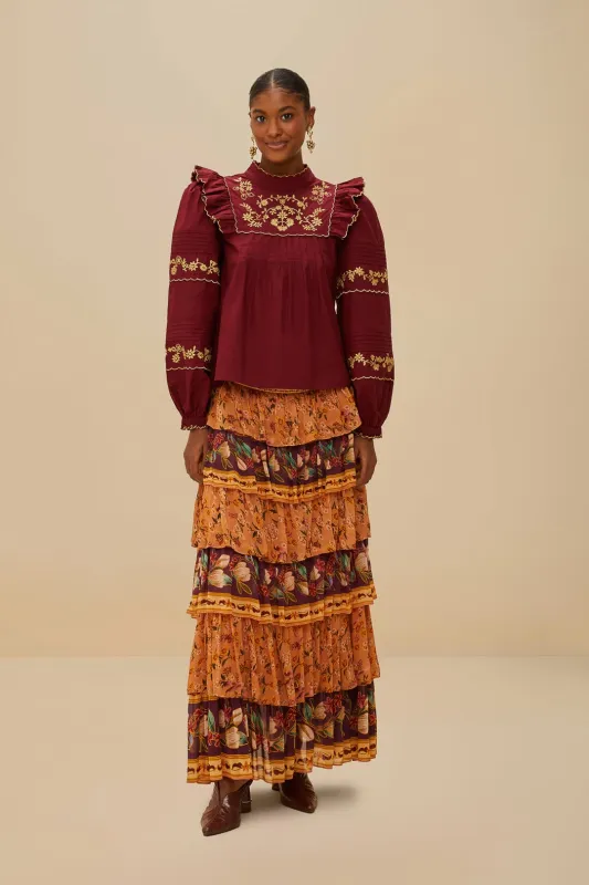 Colorful Birds Camel Ruffles Midi Skirt sold by FARM Rio