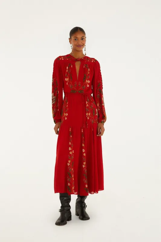 Red Berry Garden Long Sleeve Pleated Maxi Dress sold by FARM Rio