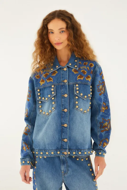 Denim Metal Details Embroidered Jacket sold by FARM Rio