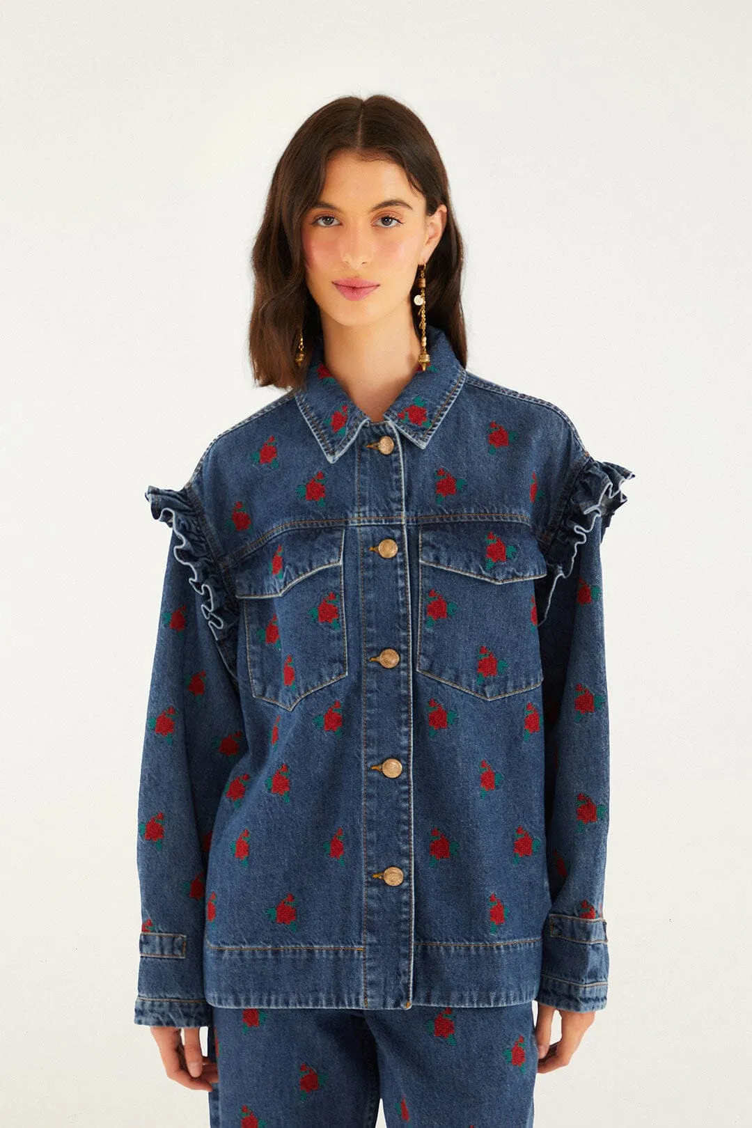 Denim Embroidered Flowers Shirt sold by FARM Rio