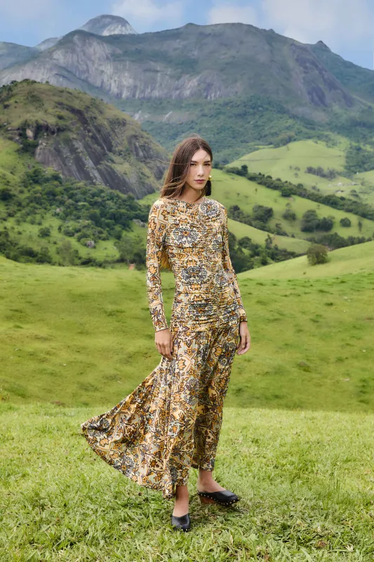 Blue Winter Tapestry Long Sleeve Maxi Dress sold by FARM Rio