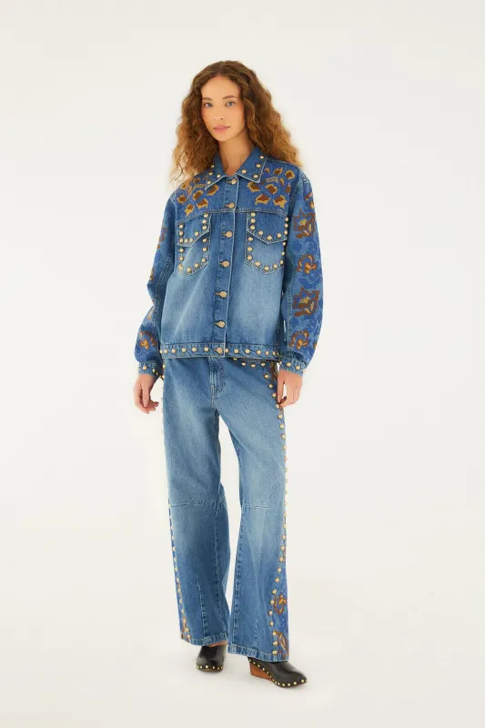 Denim Metal Details Embroidered High Waist Pants sold by FARM Rio