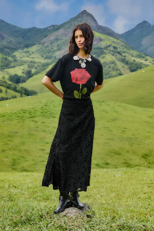 Black Flowered Lace Midi Skirt sold by FARM Rio