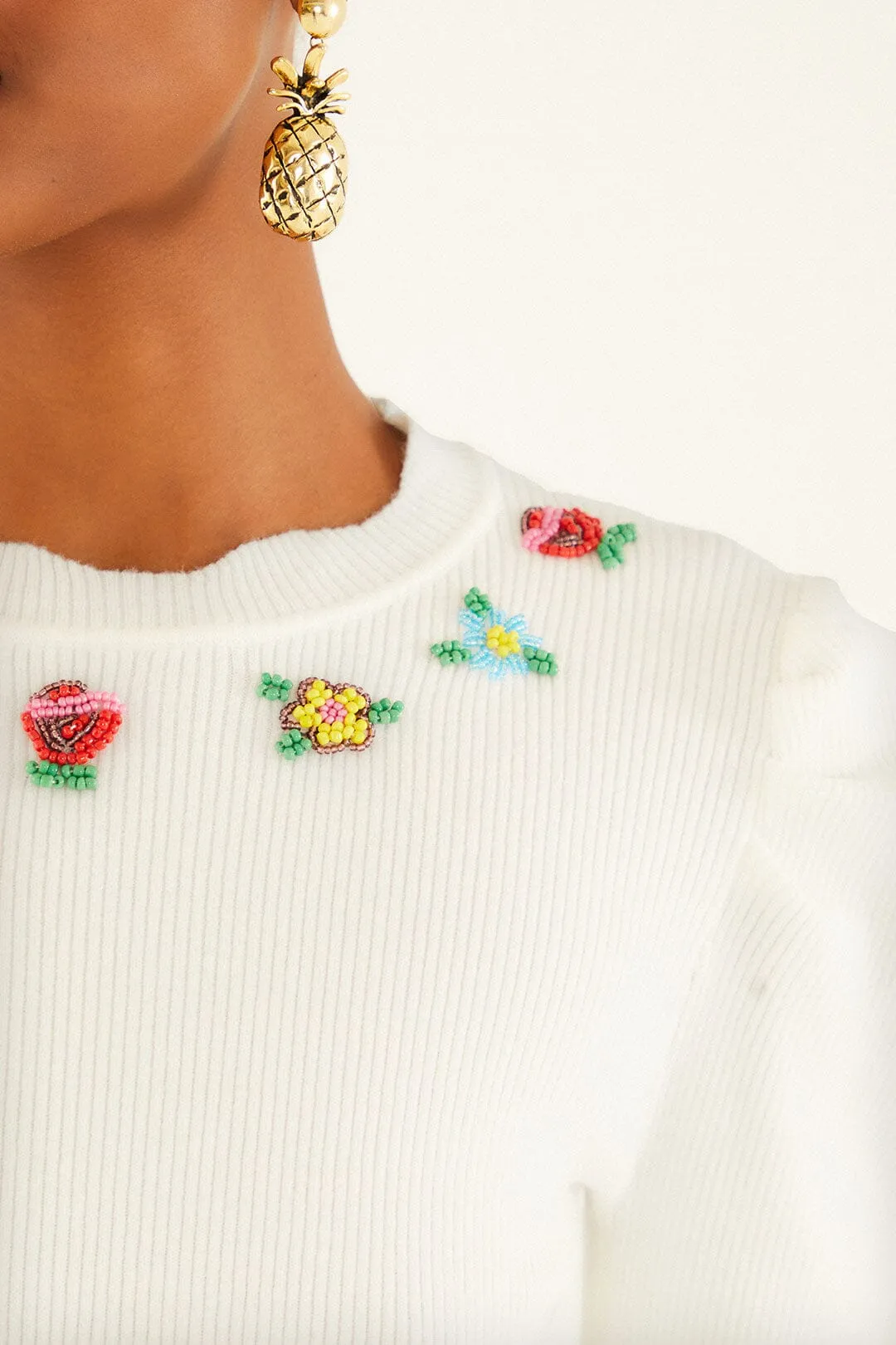 Off-White Flower Embroidery Knit Top sold by FARM Rio product image thumbnail 4