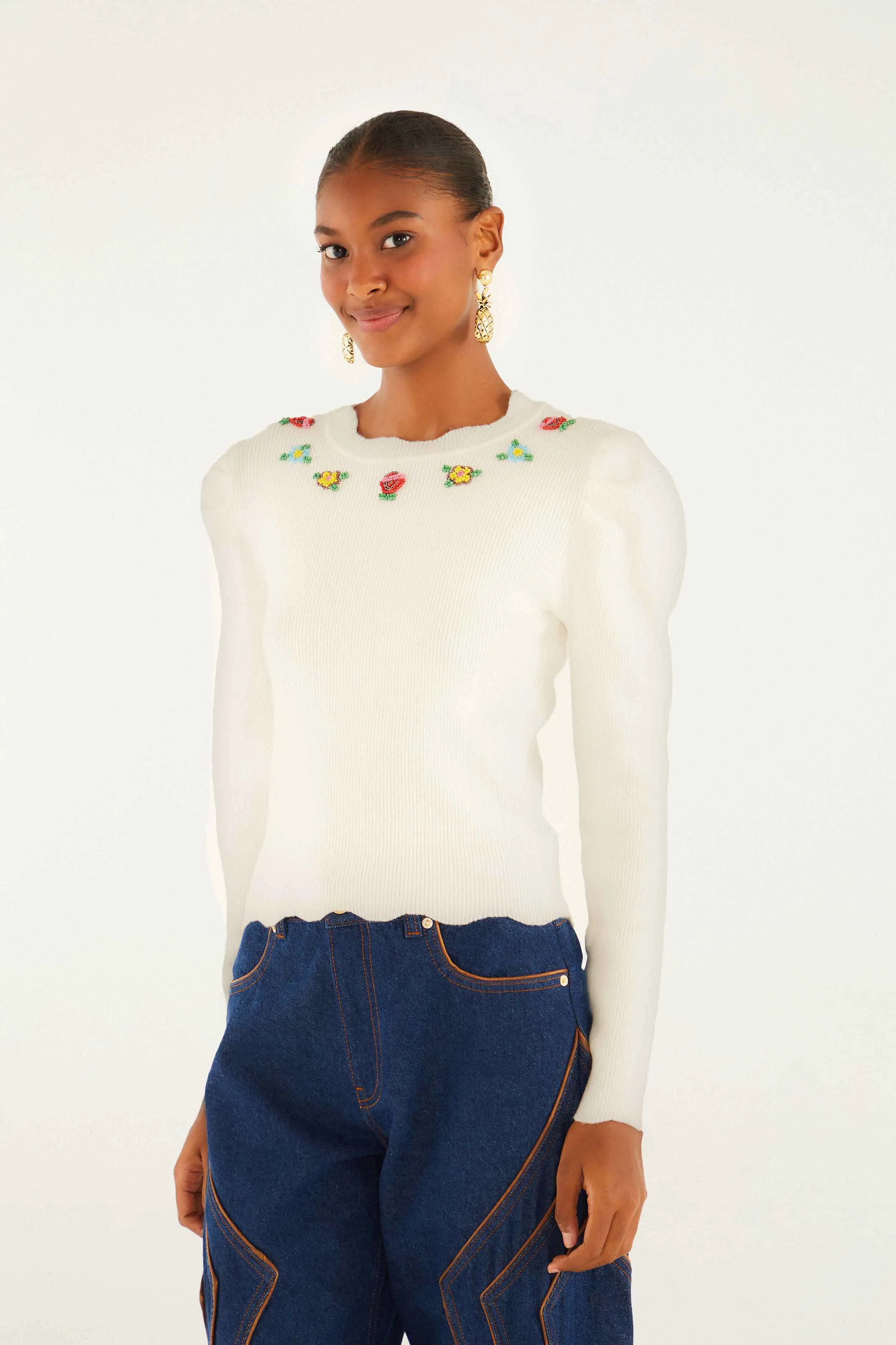 Off-White Flower Embroidery Knit Top sold by FARM Rio