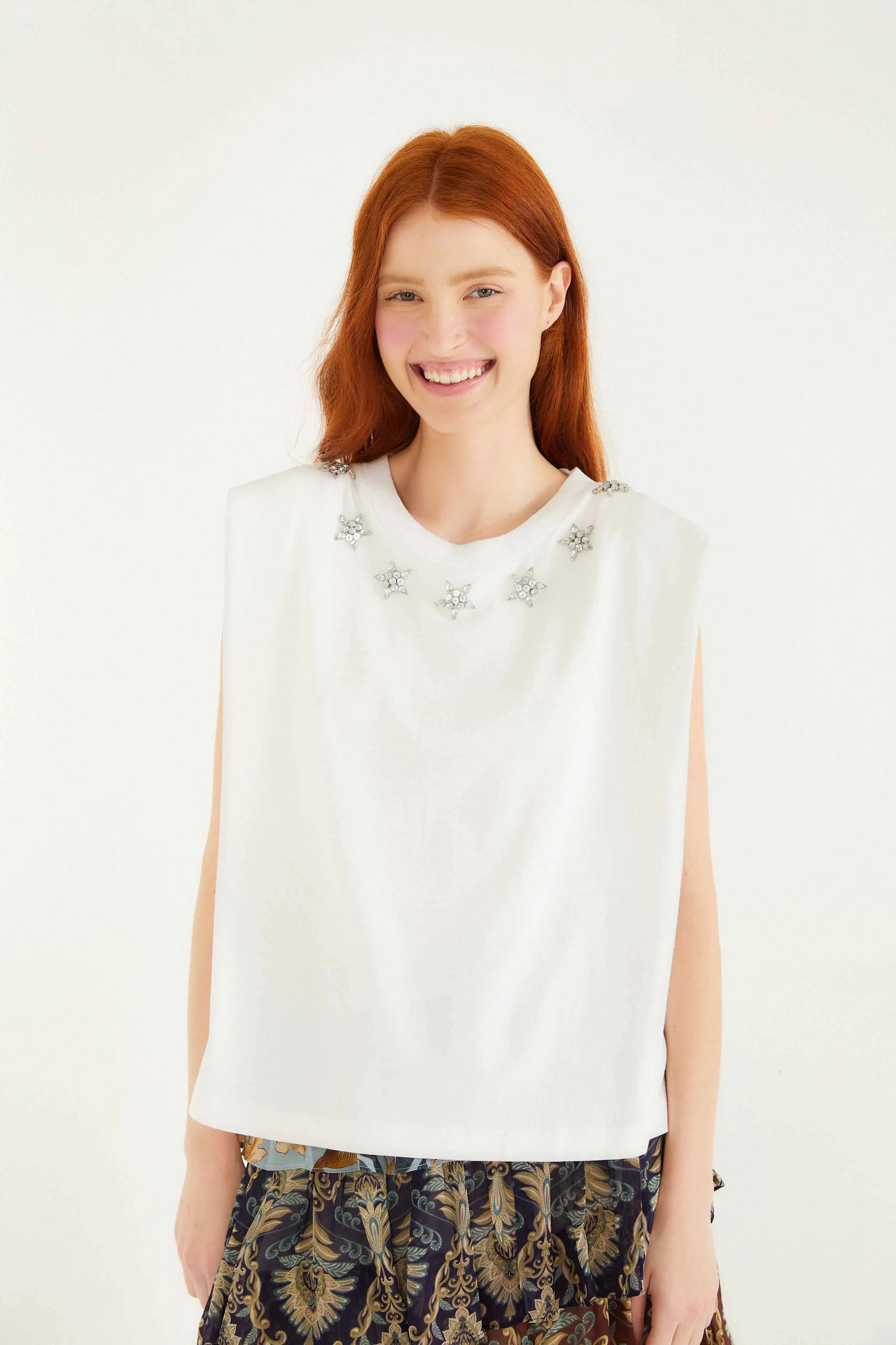 Off-White Sparkling Embroidered Padded Shoulder T-Shirt sold by FARM Rio product image thumbnail 4