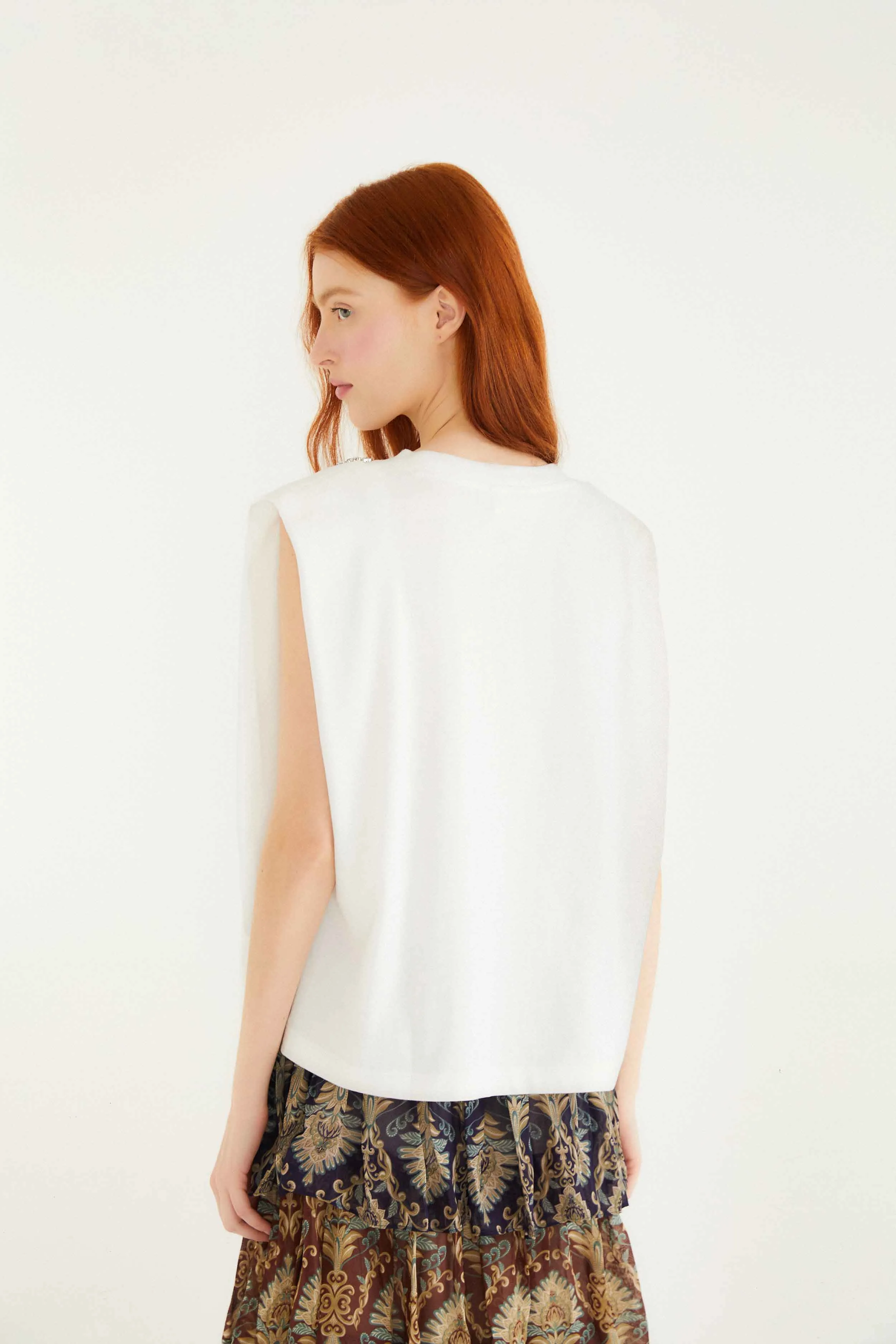 Off-White Sparkling Embroidered Padded Shoulder T-Shirt sold by FARM Rio product image thumbnail 3