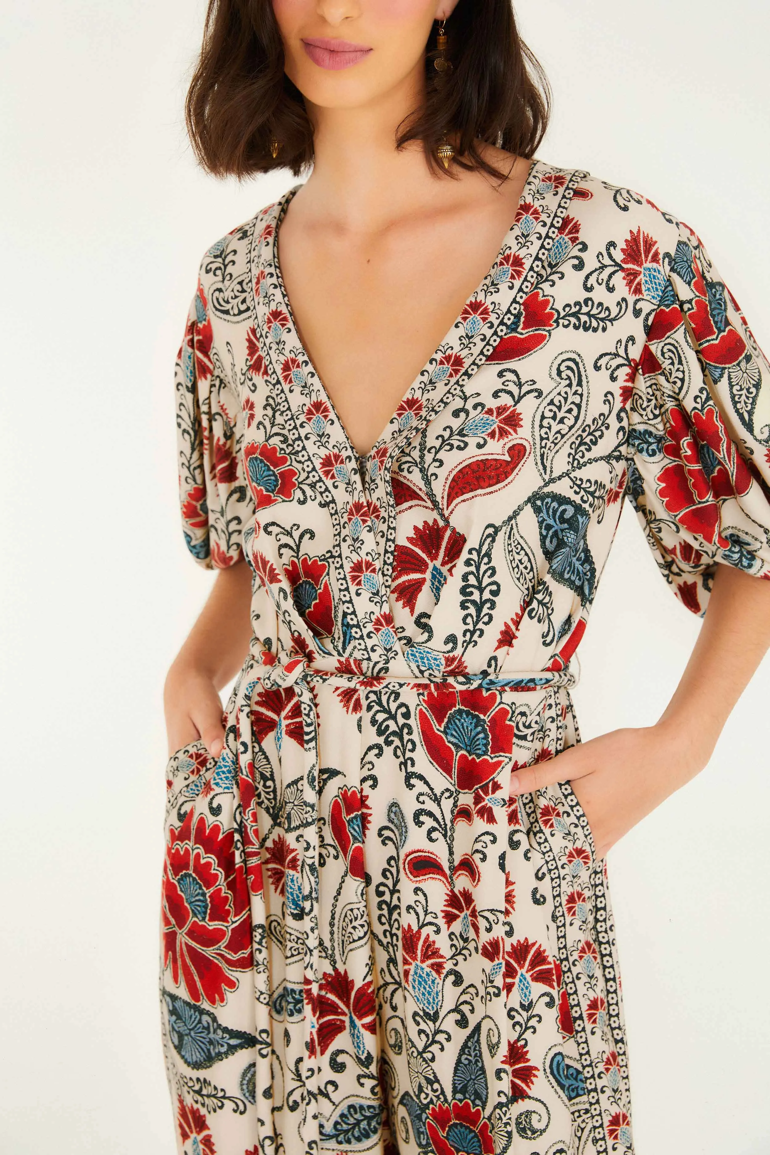 Sand Francesca V Neckline Short Sleeve Jumpsuit sold by FARM Rio product image thumbnail 3