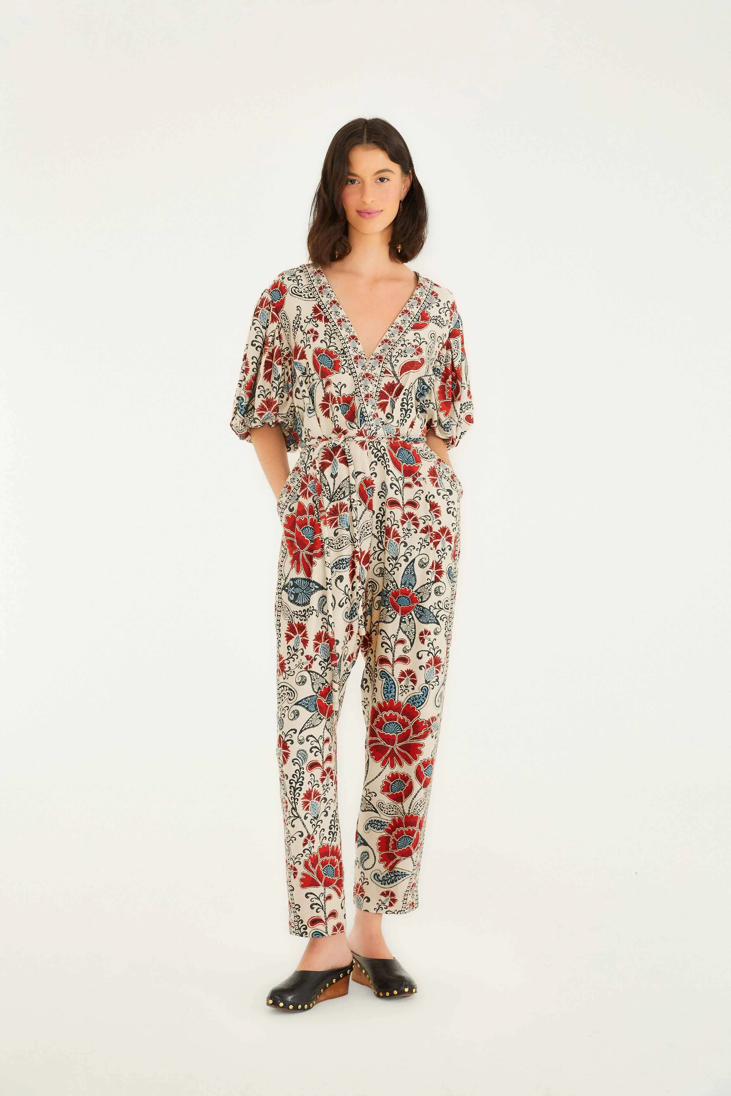 Sand Francesca V Neckline Short Sleeve Jumpsuit sold by FARM Rio