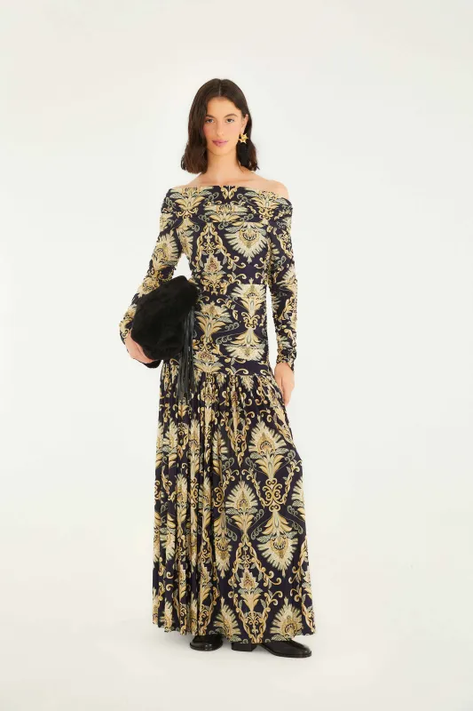 Navy Blue Wonderful Arabesque Off-Shoulder Maxi Dress sold by FARM Rio