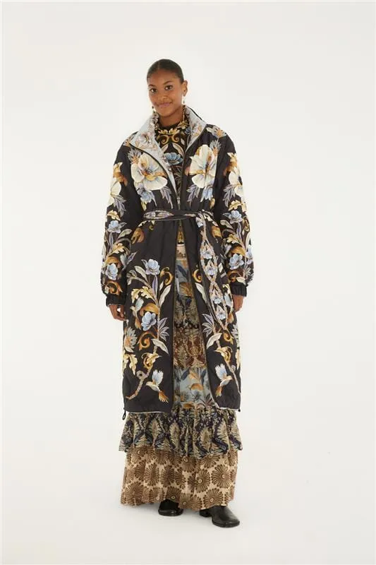 Black Flowerful Snake Garden Reversible Maxi Puffer Jacket sold by FARM Rio