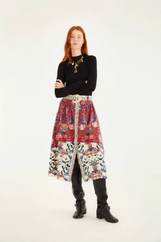 Red Winter Breeze Buttoned Belted Organic Cotton Midi Skirt sold by FARM Rio