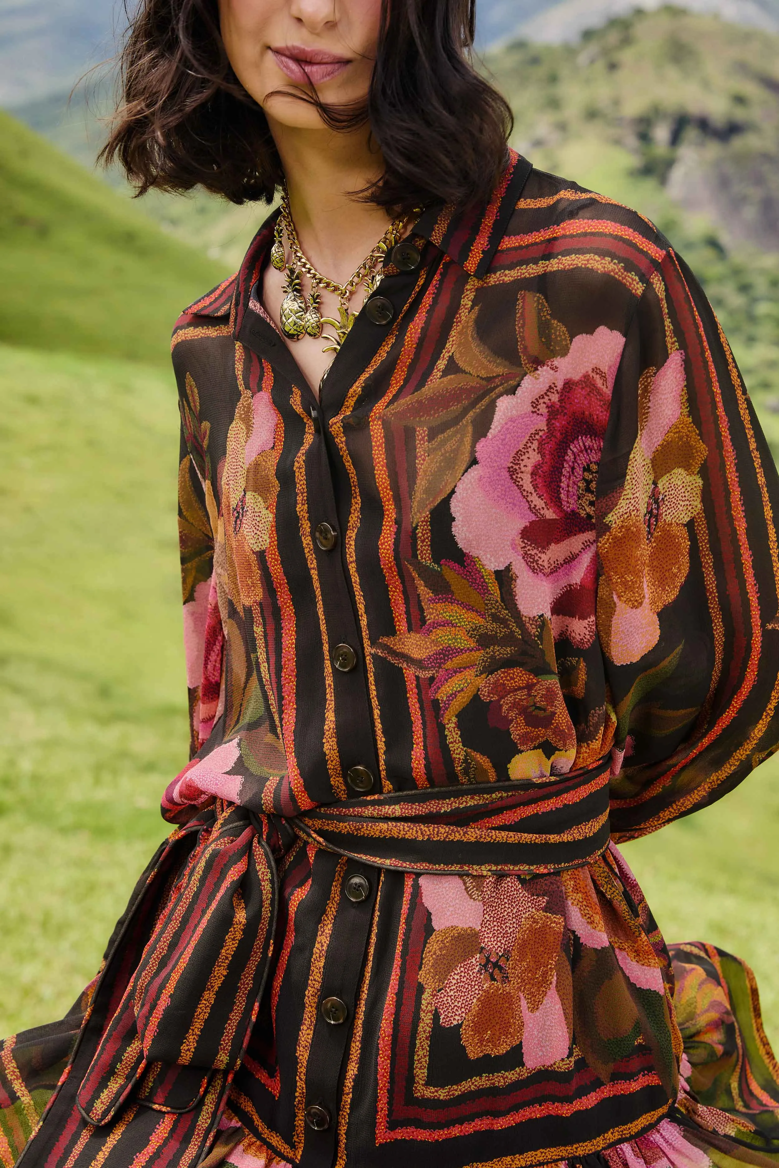 Black Chenille Flowers Belted Long Sleeve Mini Dress sold by FARM Rio product image thumbnail 3