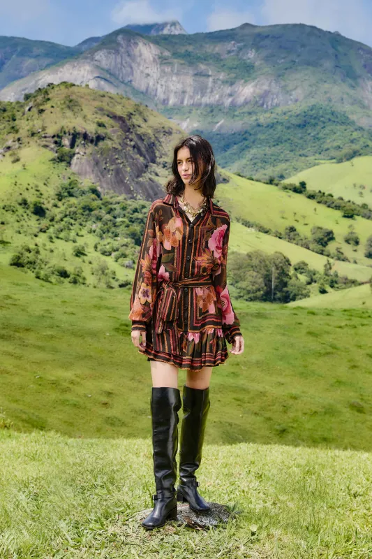 Black Chenille Flowers Belted Long Sleeve Mini Dress sold by FARM Rio