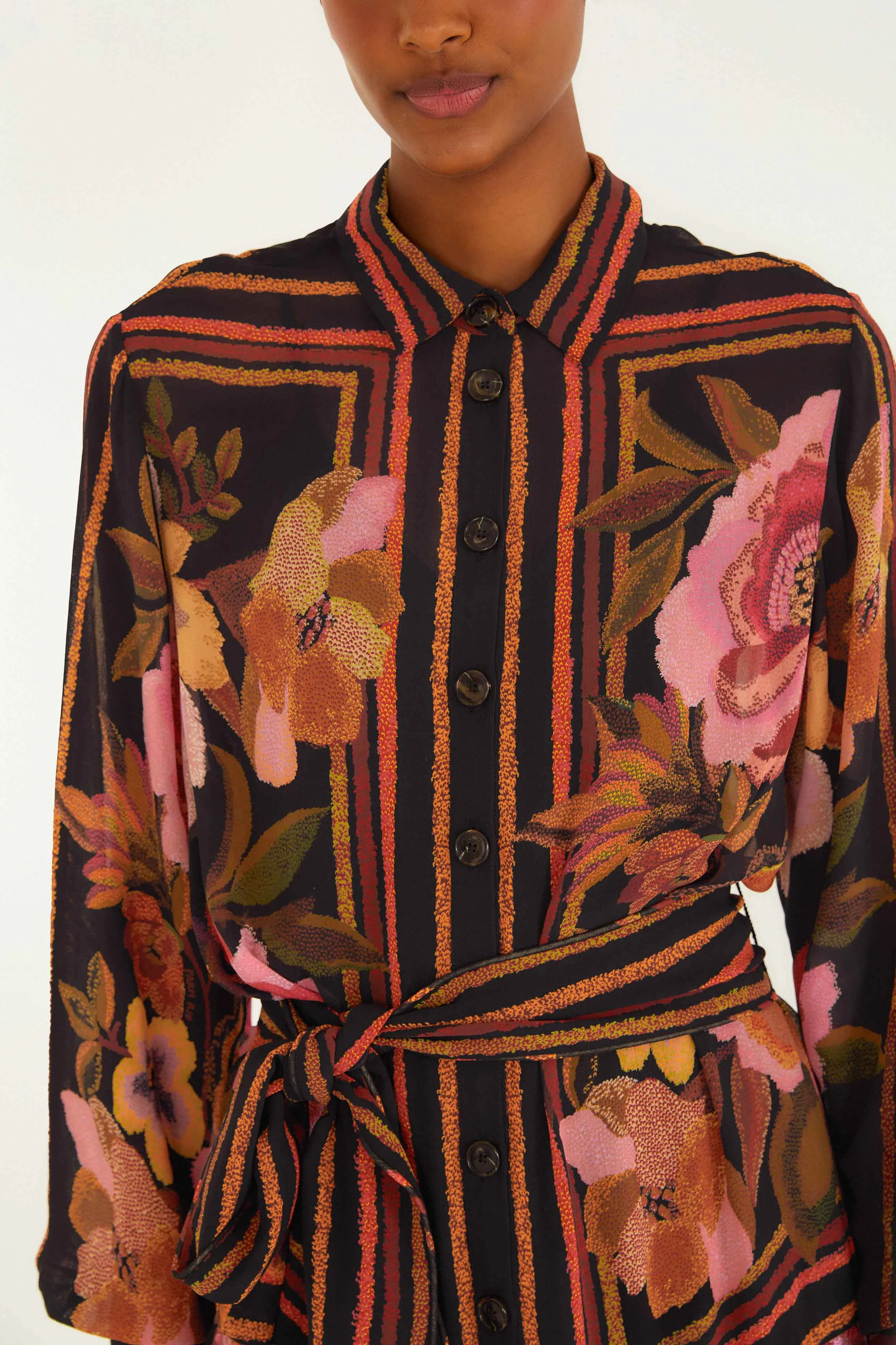 Black Chenille Flowers Belted Long Sleeve Mini Dress sold by FARM Rio product image thumbnail 5