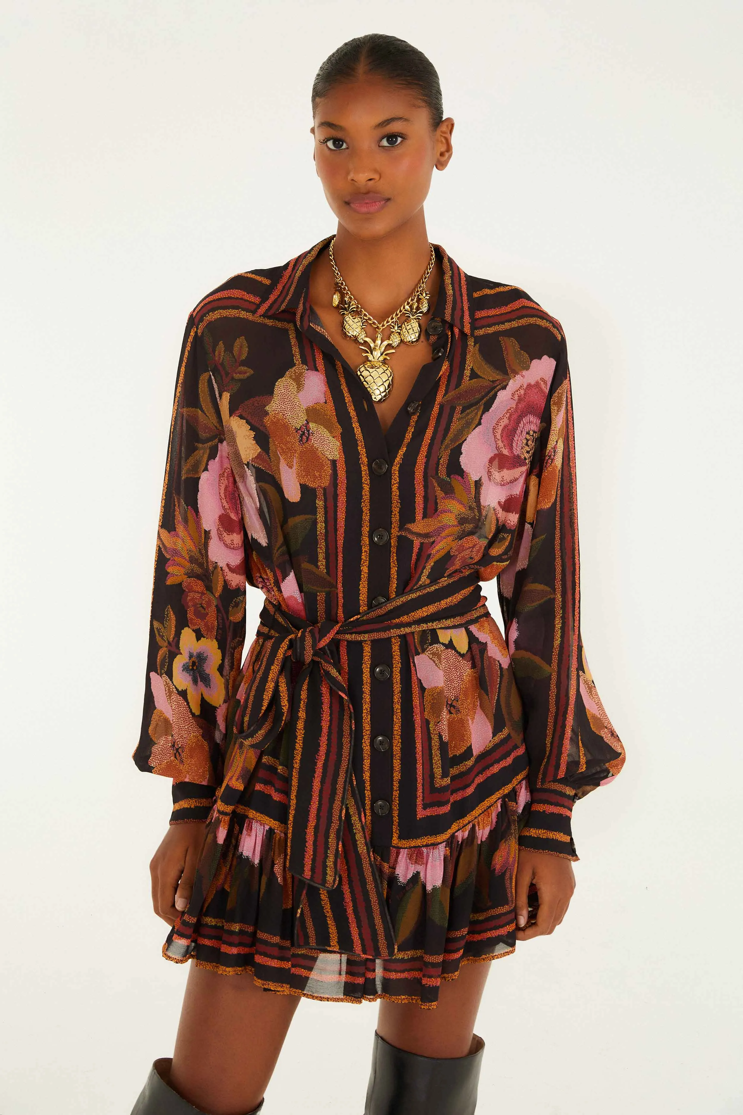 Black Chenille Flowers Belted Long Sleeve Mini Dress sold by FARM Rio product image thumbnail 2