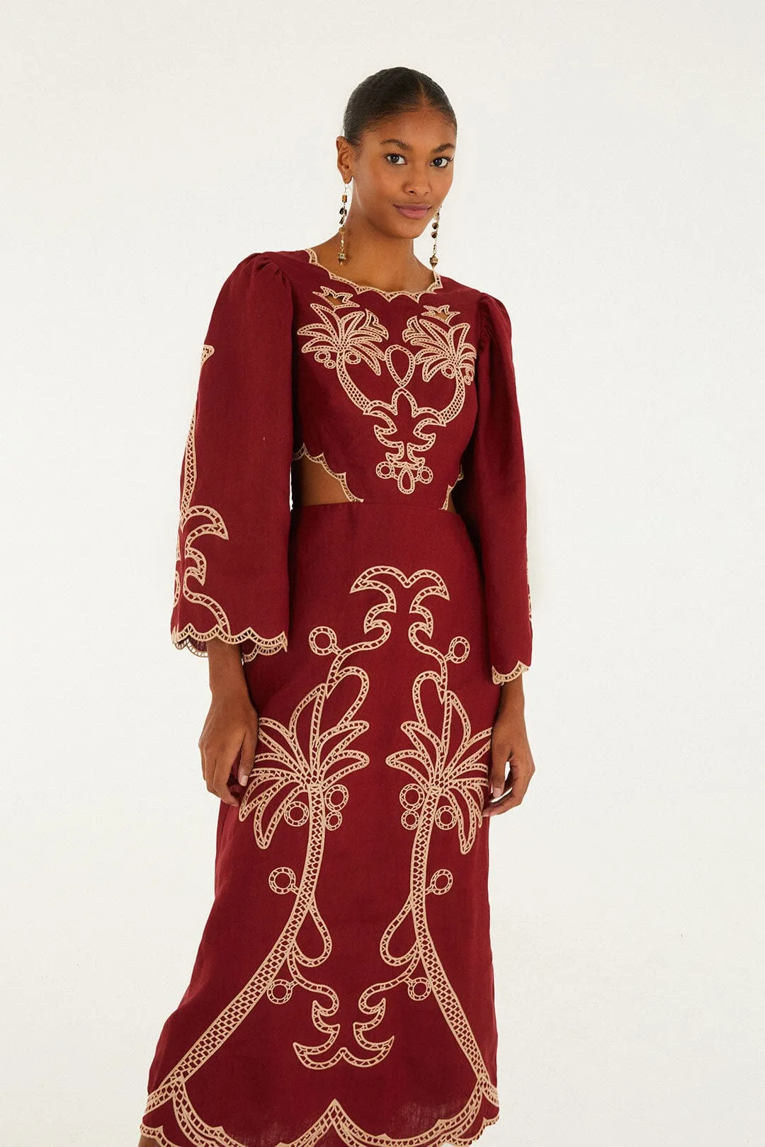 Red Artisanal Cut-Out Embroidered Euroflax™ Premium Linen Maxi Dress sold by FARM Rio product image thumbnail 3