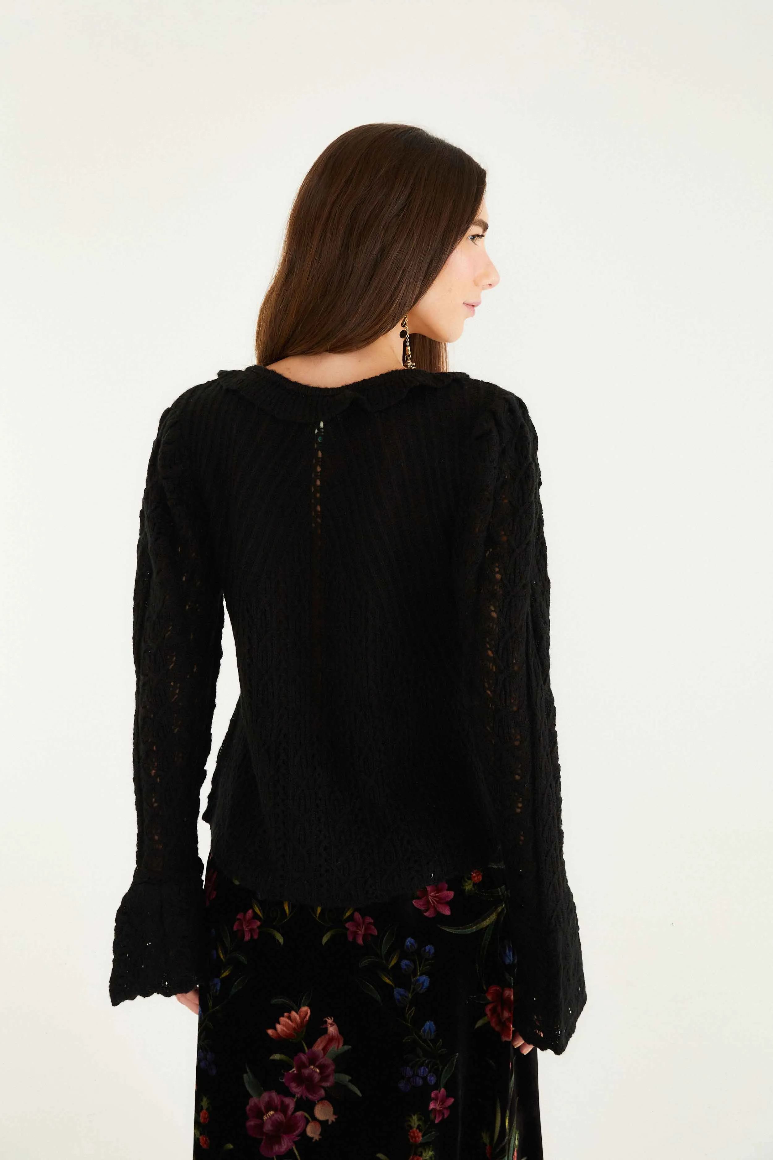 Black Lace Ruffled Knit Cardigan sold by FARM Rio product image thumbnail 3