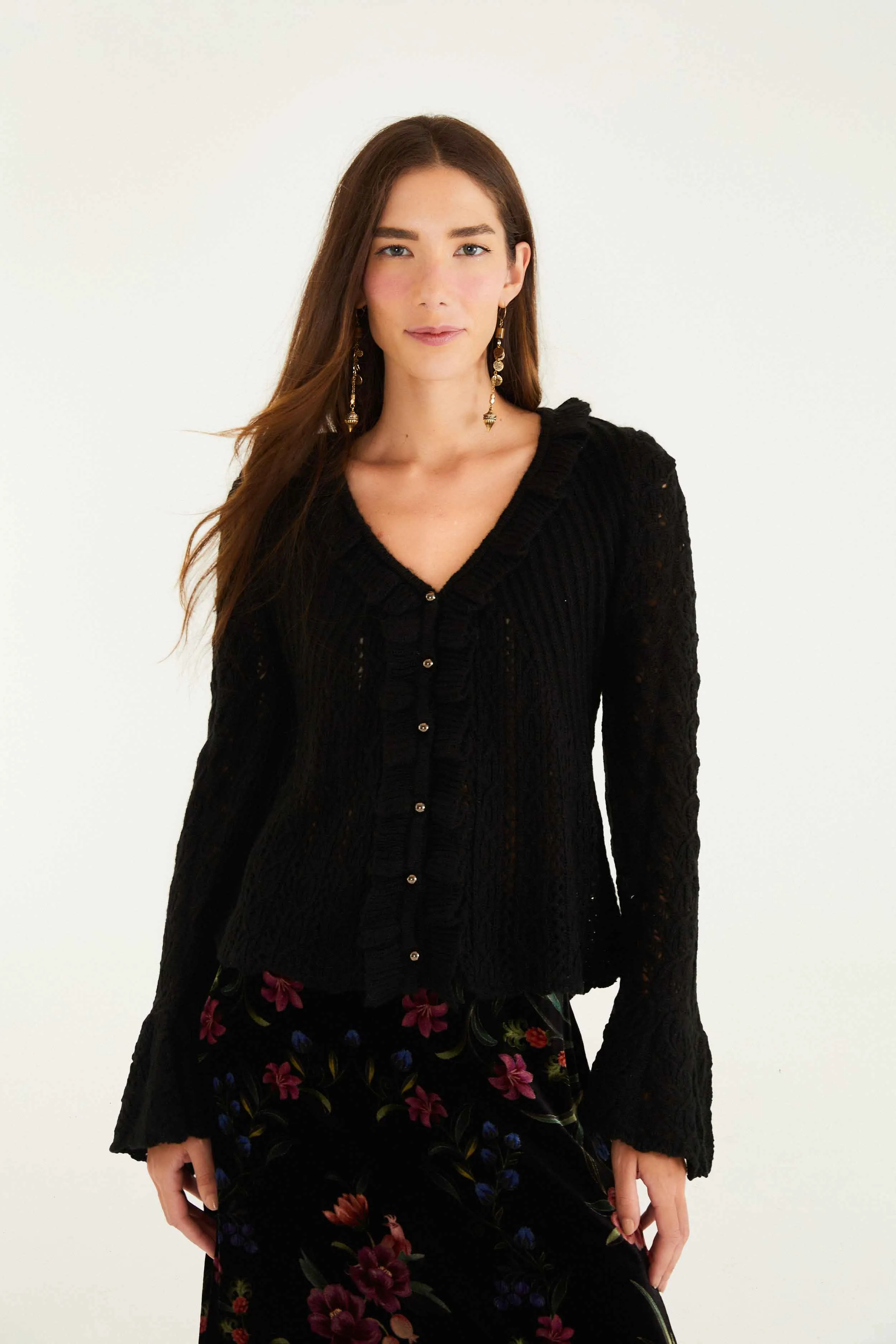 Black Lace Ruffled Knit Cardigan sold by FARM Rio