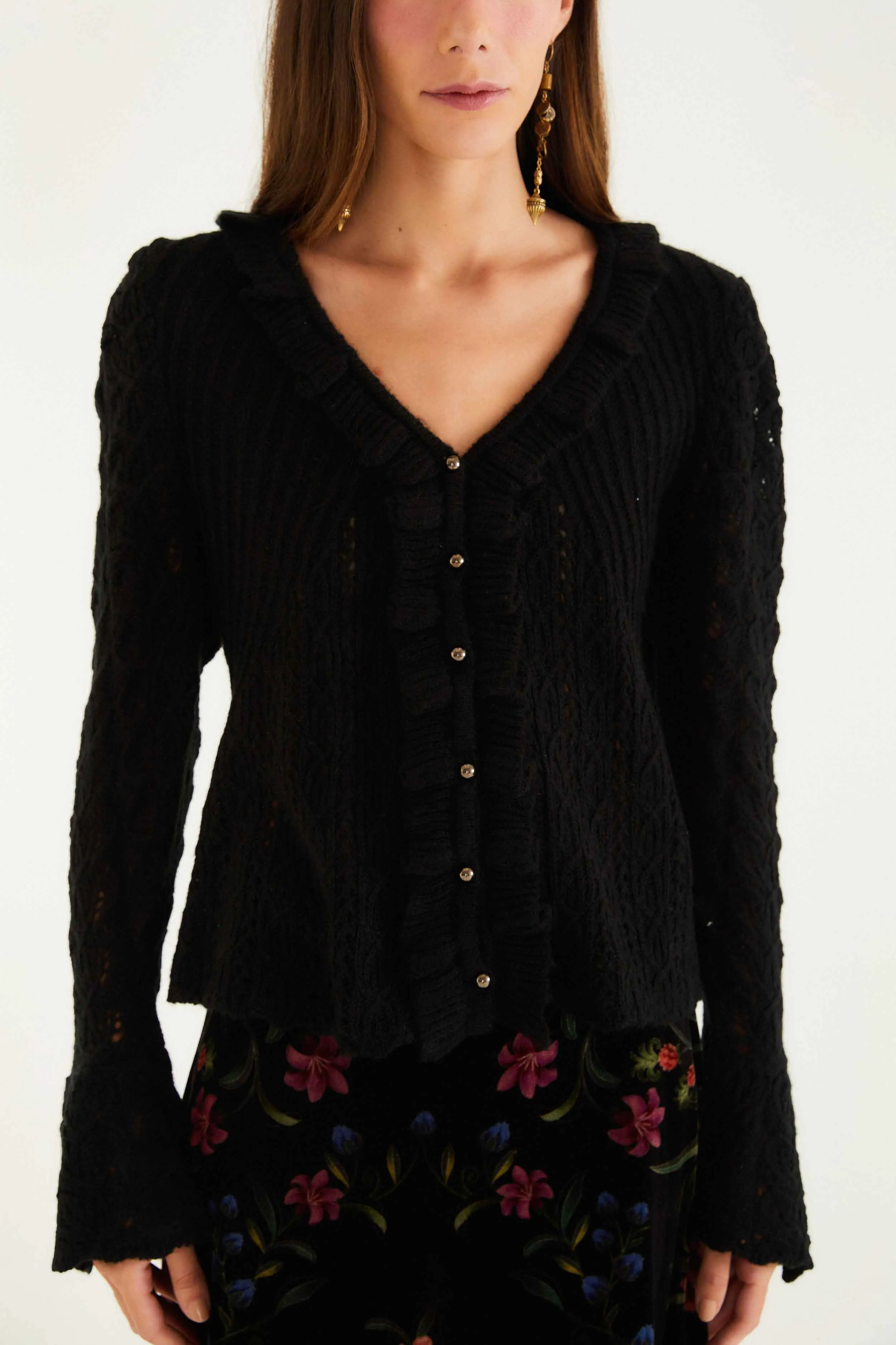 Black Lace Ruffled Knit Cardigan sold by FARM Rio product image thumbnail 2